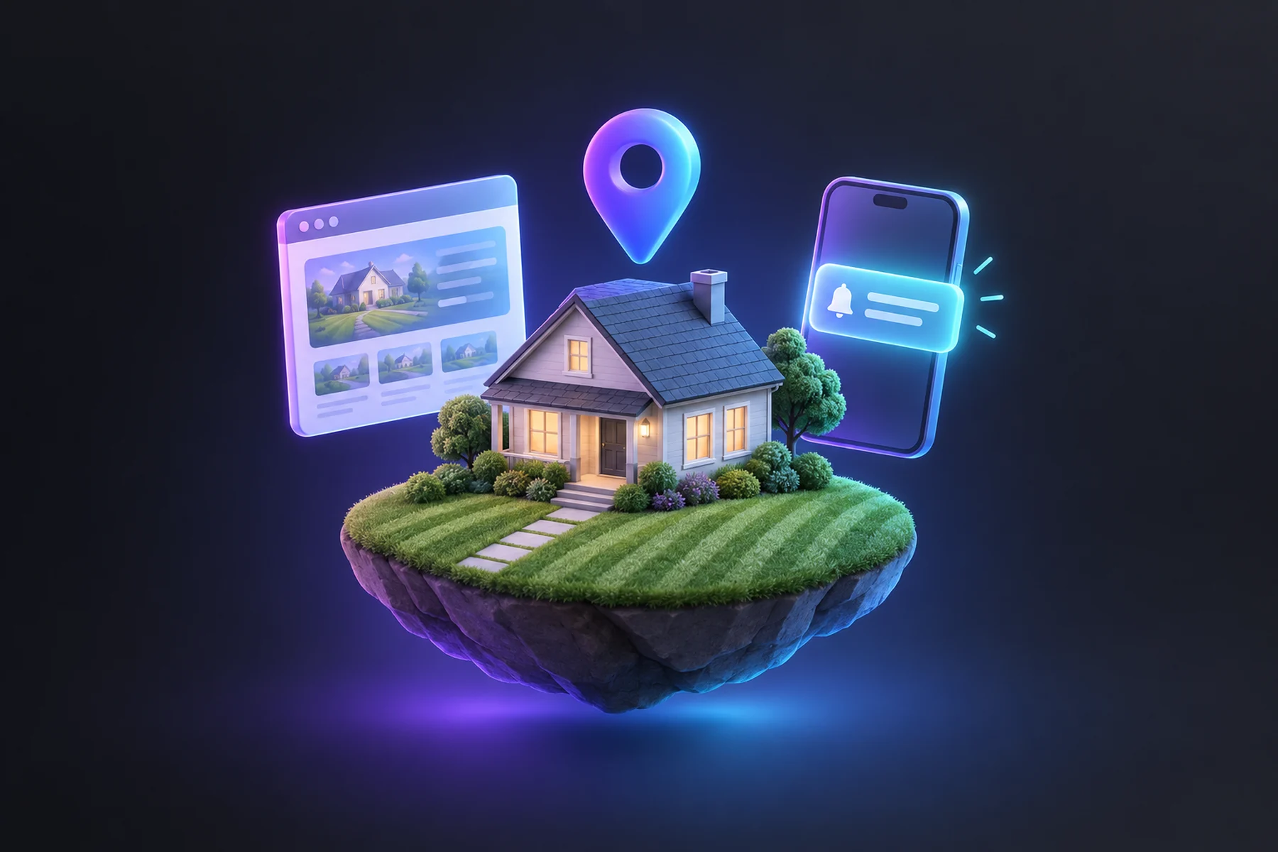 Illustration: A small landscaped house with a striped lawn and paver path, a floating browser window, a map pin, and a phone with a glowing quote-request notification above the scene.