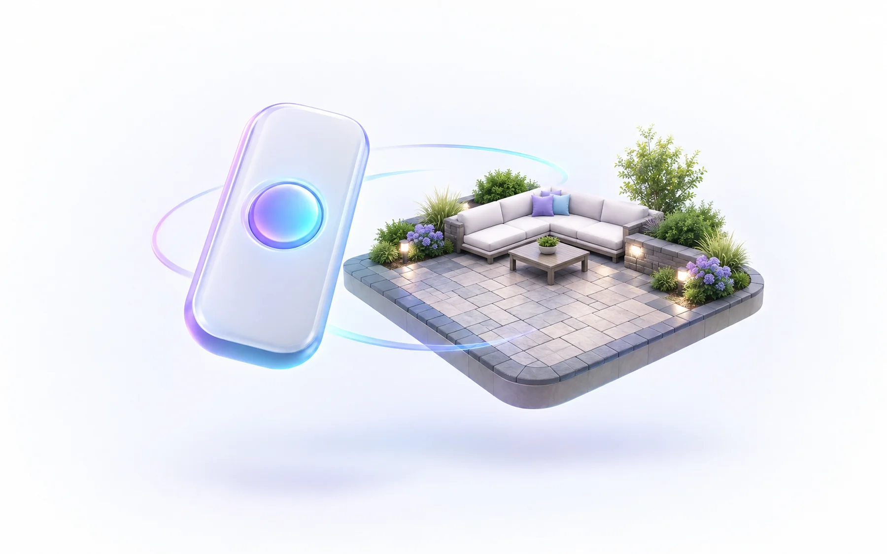 Illustration: A glossy remote-control panel with a single glowing button hovering beside a small paver patio model, implying the work runs itself.