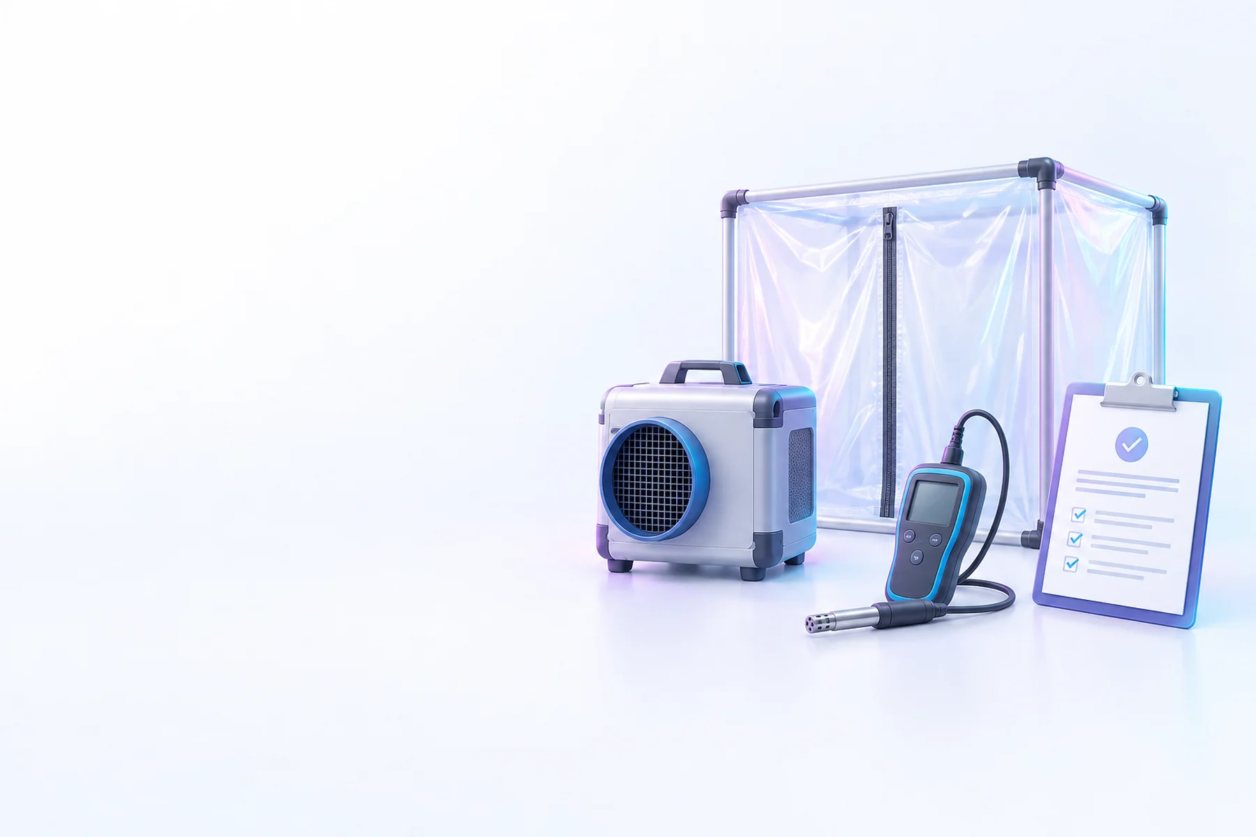 Illustration: A clear plastic containment sheet on a frame, a HEPA air scrubber unit, a moisture meter with a probe, and a clipboard holding a clearance-test certificate.