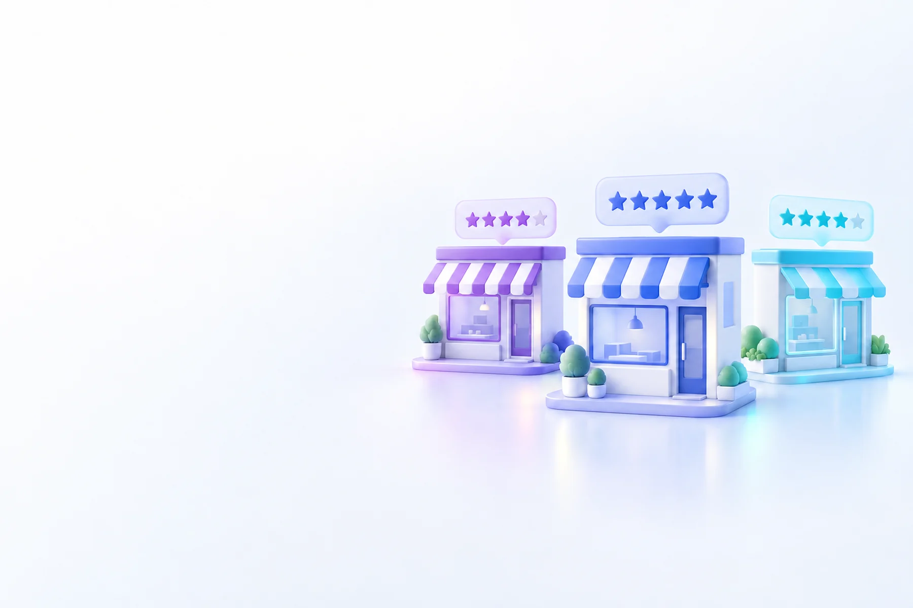 Illustration: three small storefront blocks, each with a floating star rating card above it.