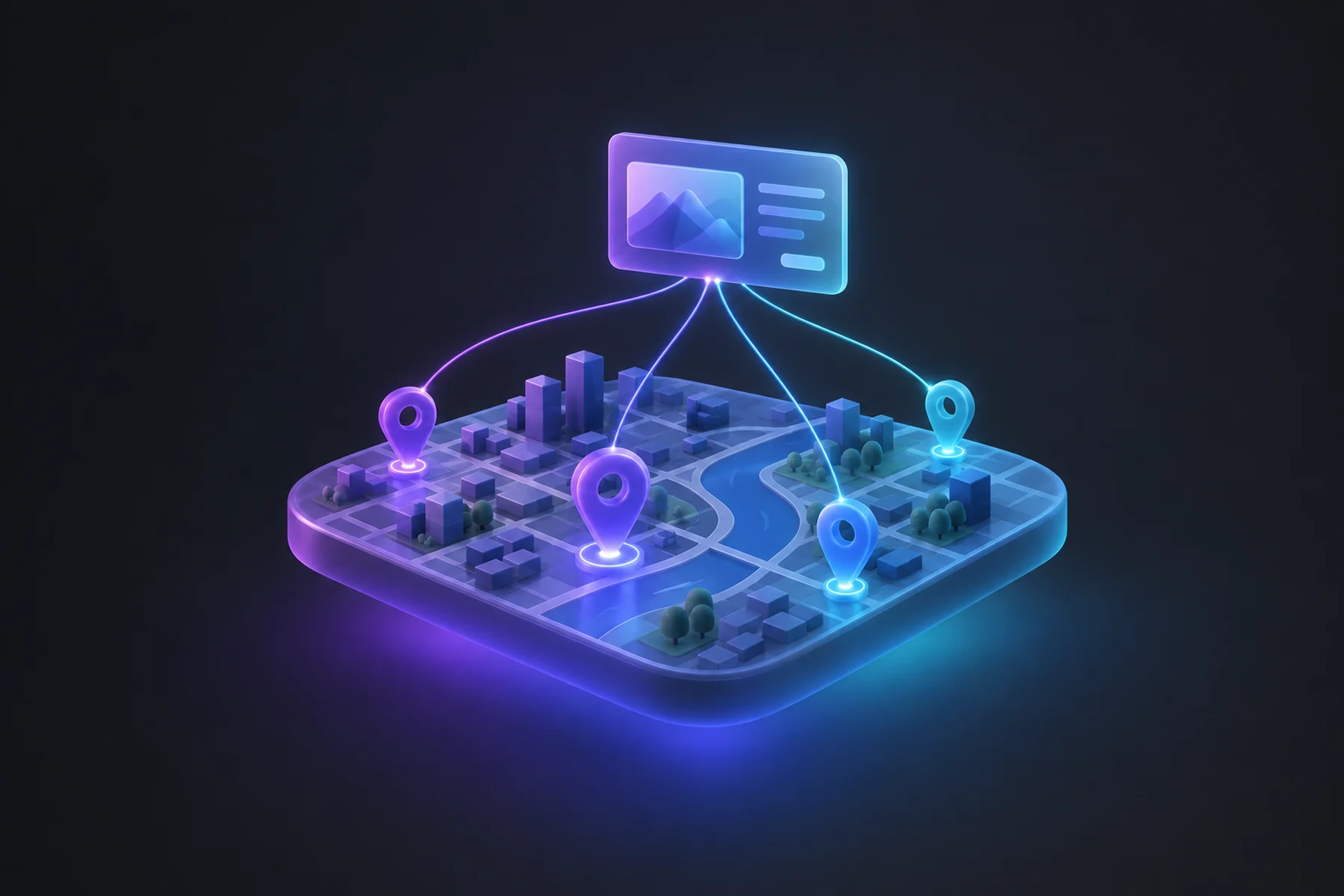 Illustration: several location pins on a glossy city grid, linked by thin glowing lines to one floating screen card.