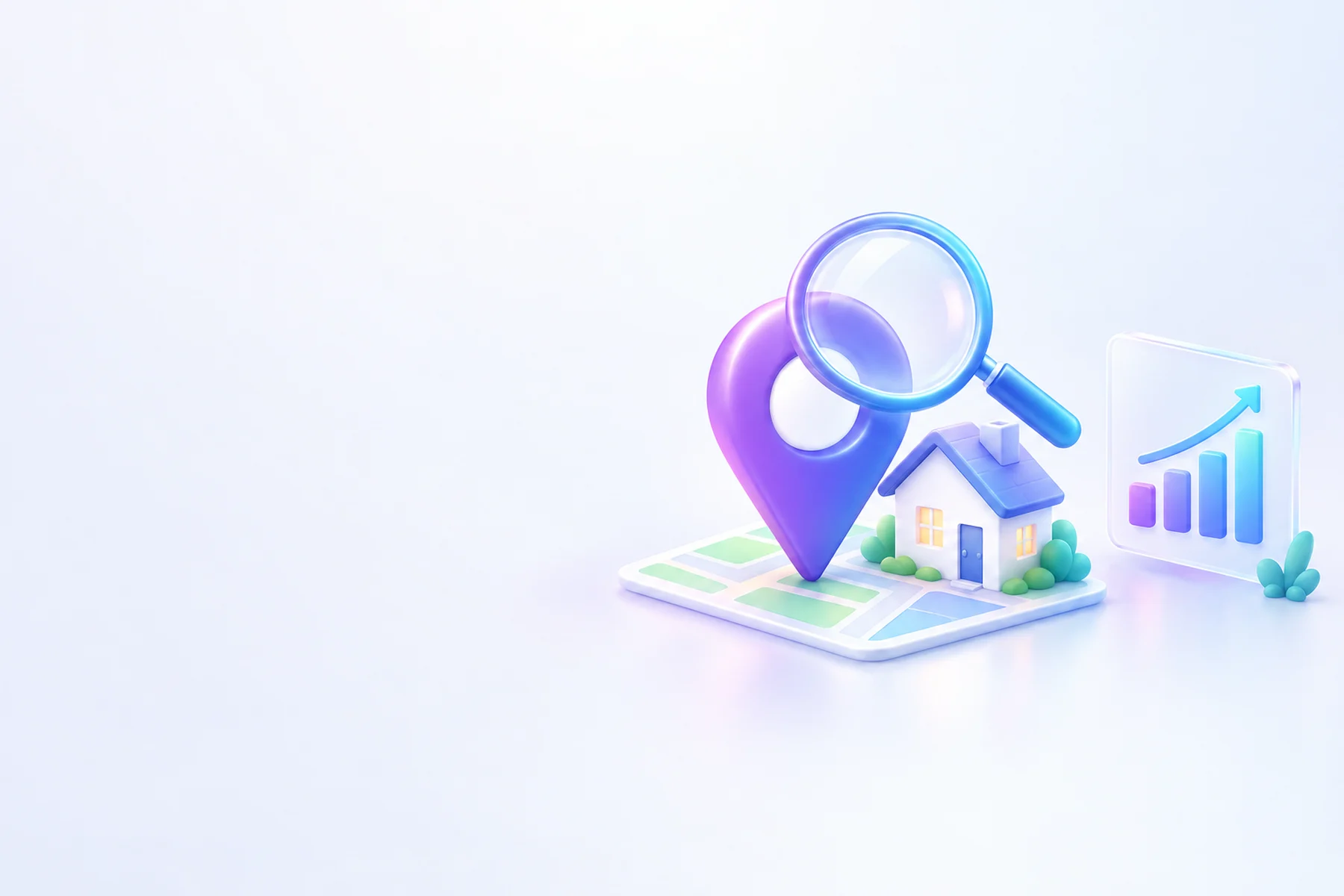 Illustration: A glossy map pin planted beside a small house, a search magnifying glass tilted over the pin, and a chart card ranking upward beside them.