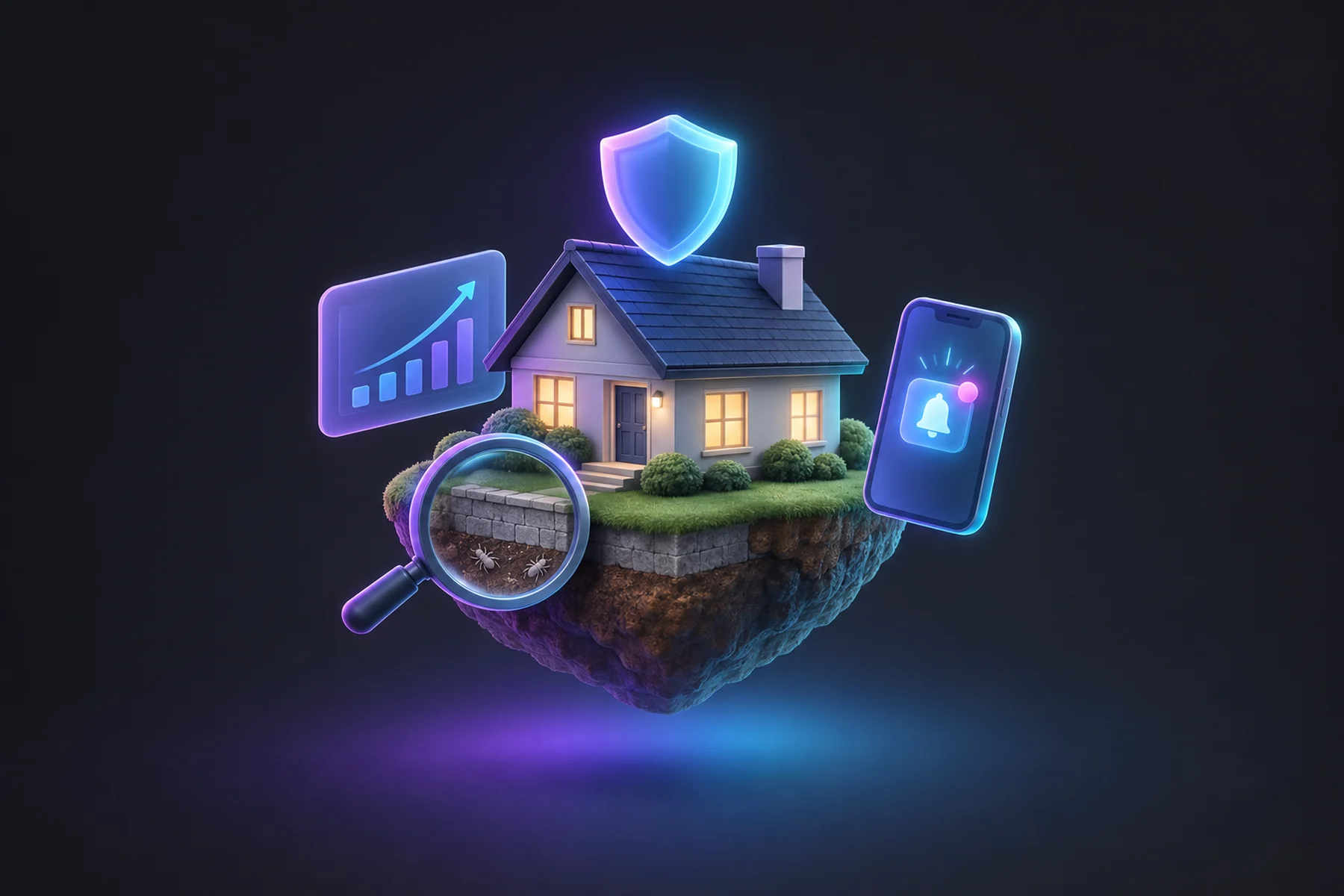 Illustration: A small floating house with a glowing shield above the roofline, a magnifying glass hovering over the foundation, a chart card showing rising activity, and a phone displaying a glowing notification badge.