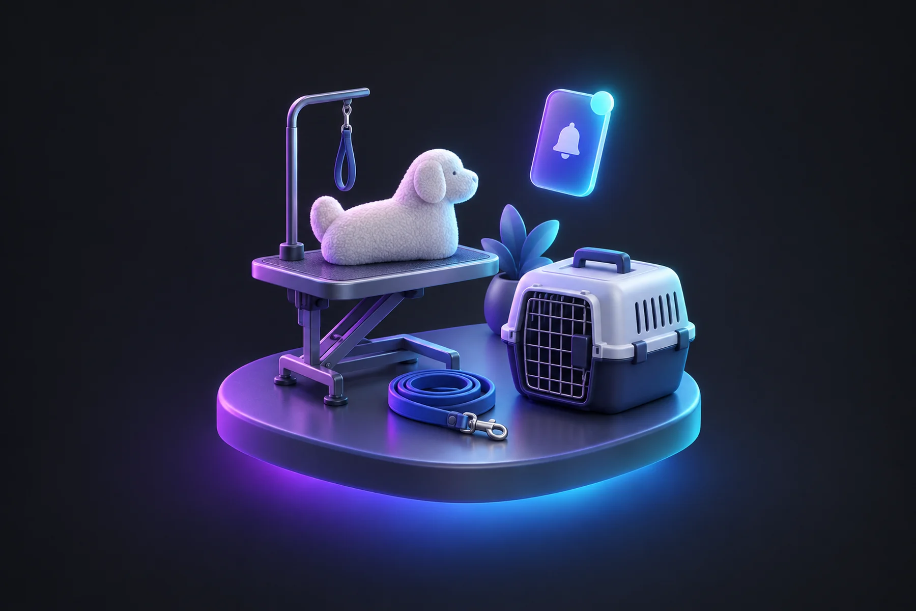 Illustration: A raised grooming table with a fluffy dog silhouette-shaped cushion, a leash coil, a small kennel crate, and a floating phone card glowing with a notification badge above them.