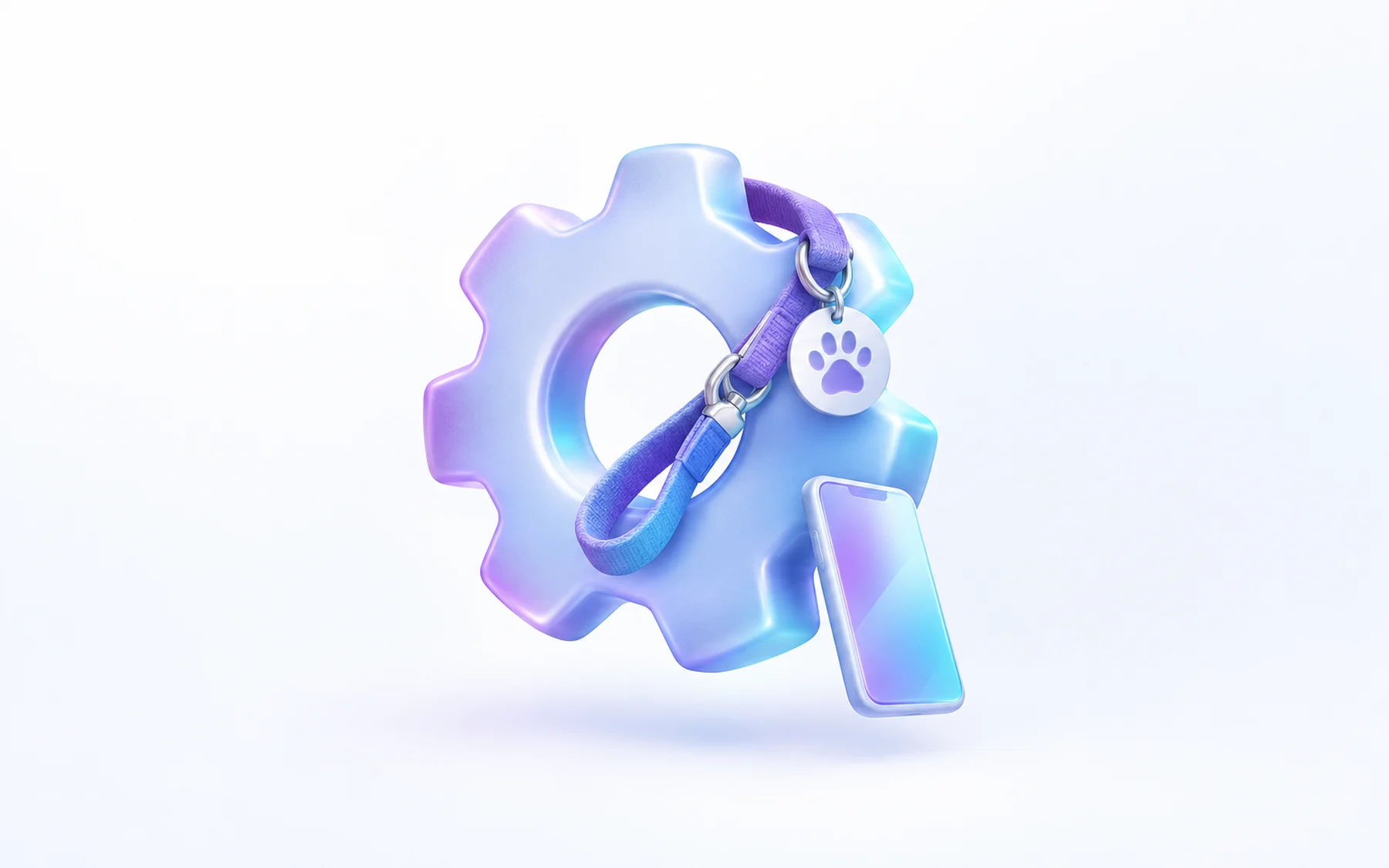 Illustration: A single polished gear with a small leash and paw-print tag looped through it, a tiny phone card leaning against its base.