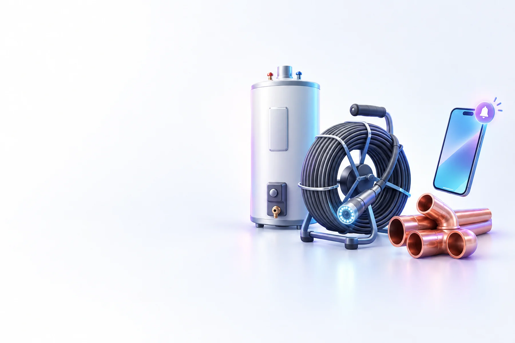 Illustration: A water heater tank, a coiled sewer inspection cable, a repipe section of copper pipe, and a phone with a glowing notification badge floating beside them.