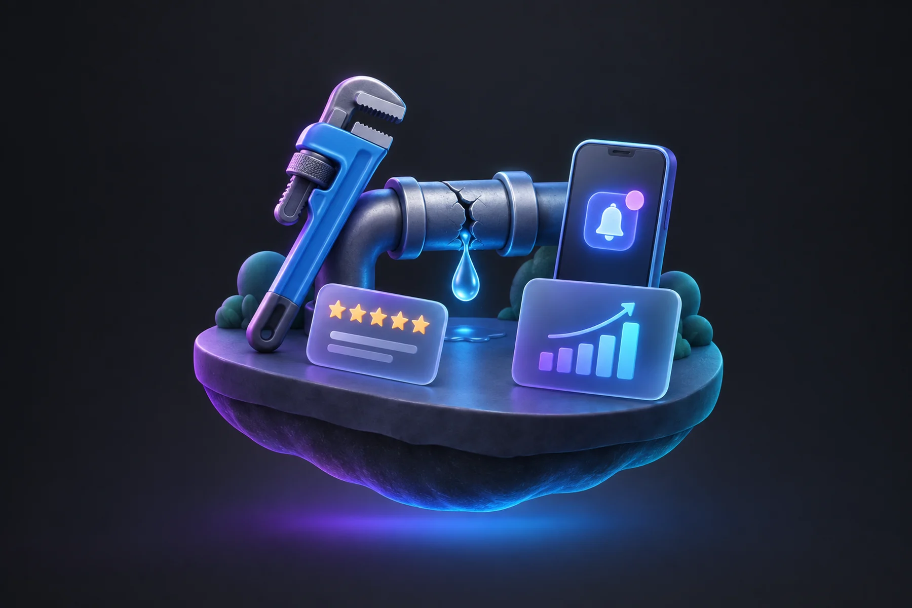 Illustration: A small floating diorama with a glossy water pipe wrench, a burst pipe with a droplet, a star-rating card, and a phone showing a glowing notification badge above a chart card.
