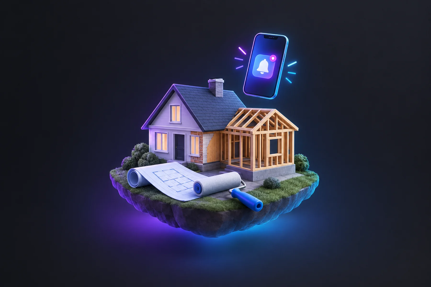 Illustration: A small house model mid-renovation with a new addition frame, a rolled blueprint, a paint roller, and a phone above it displaying a glowing lead notification badge.