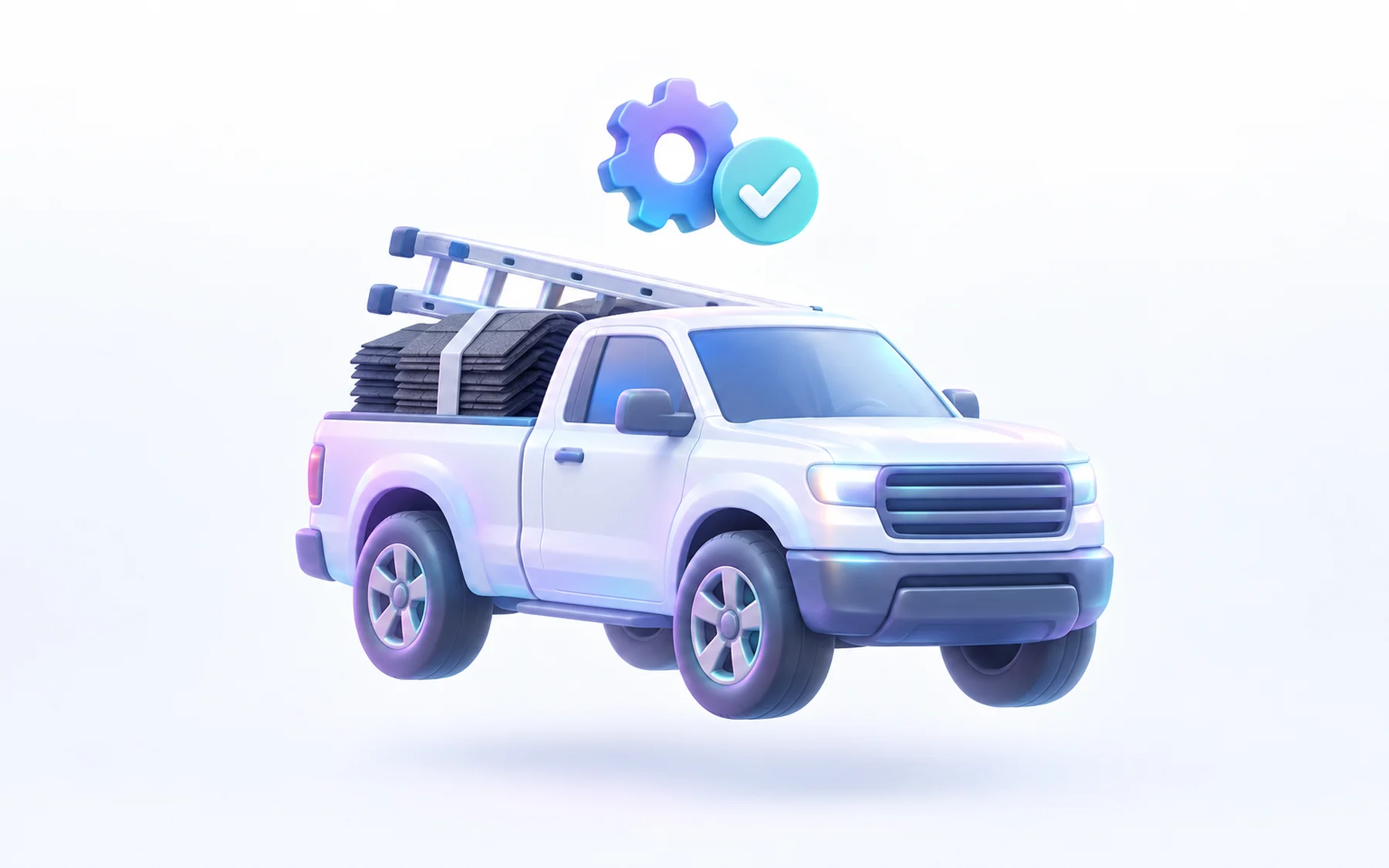 Illustration: A glossy pickup truck carrying a ladder and a stack of roof shingles, with a small gear and a check-mark badge floating above it.