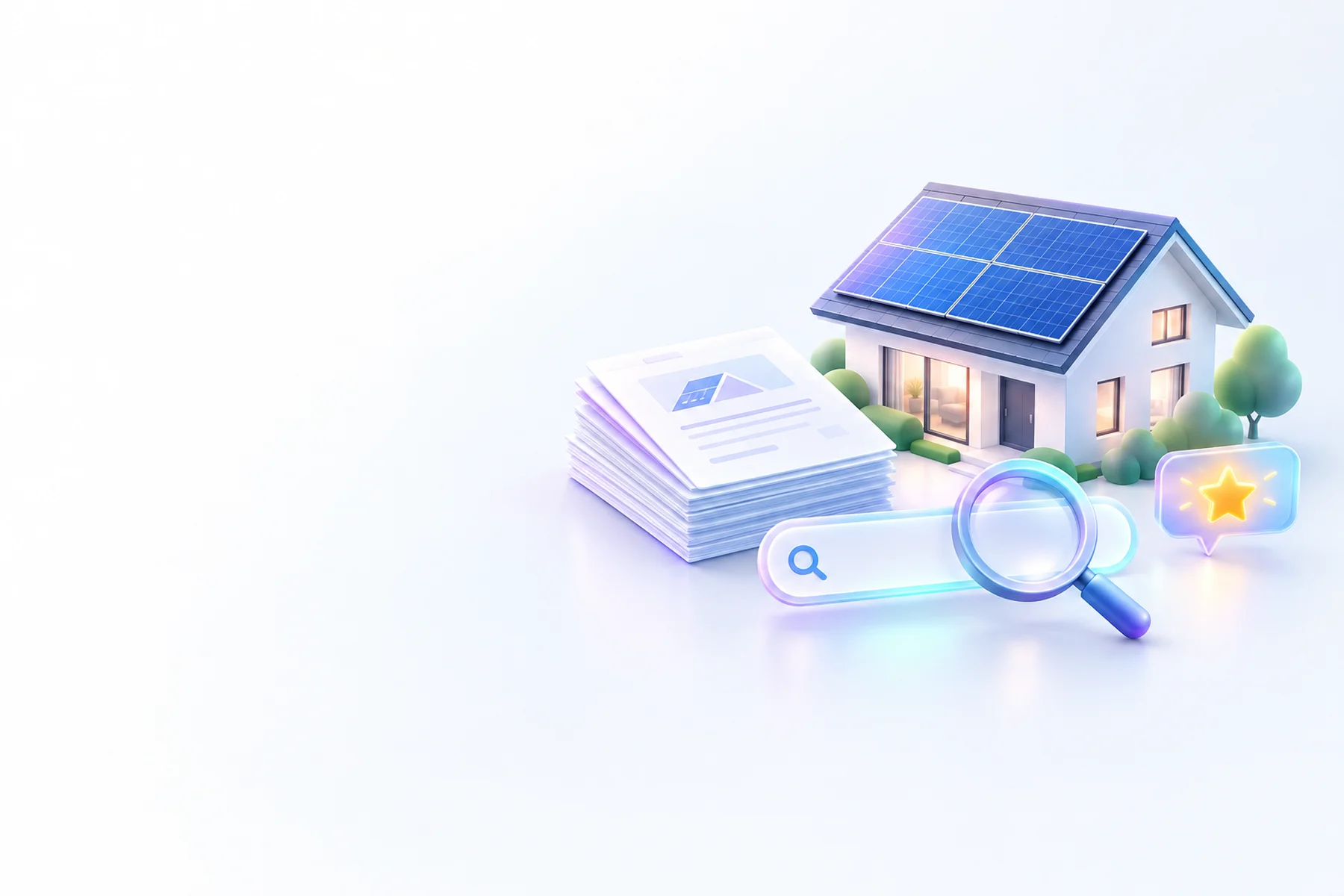Illustration: A house with rooftop solar panels beside a stack of proposal papers, a magnifying glass over a search bar shape, and a small glowing review star badge.