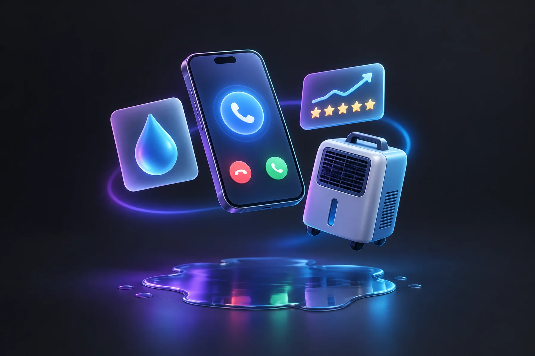 Illustration: A floating phone with a glowing incoming-call badge beside a water droplet icon card, a small chart card with an upward review-star trend, and a compact dehumidifier, all orbiting above a shallow puddle reflection.
