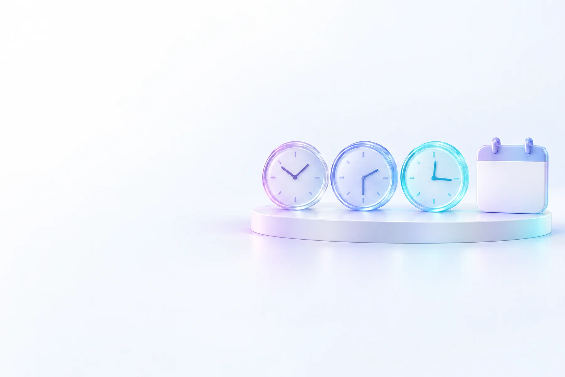 Illustration: three glass clocks at different hours on a low plinth beside a calendar tile.