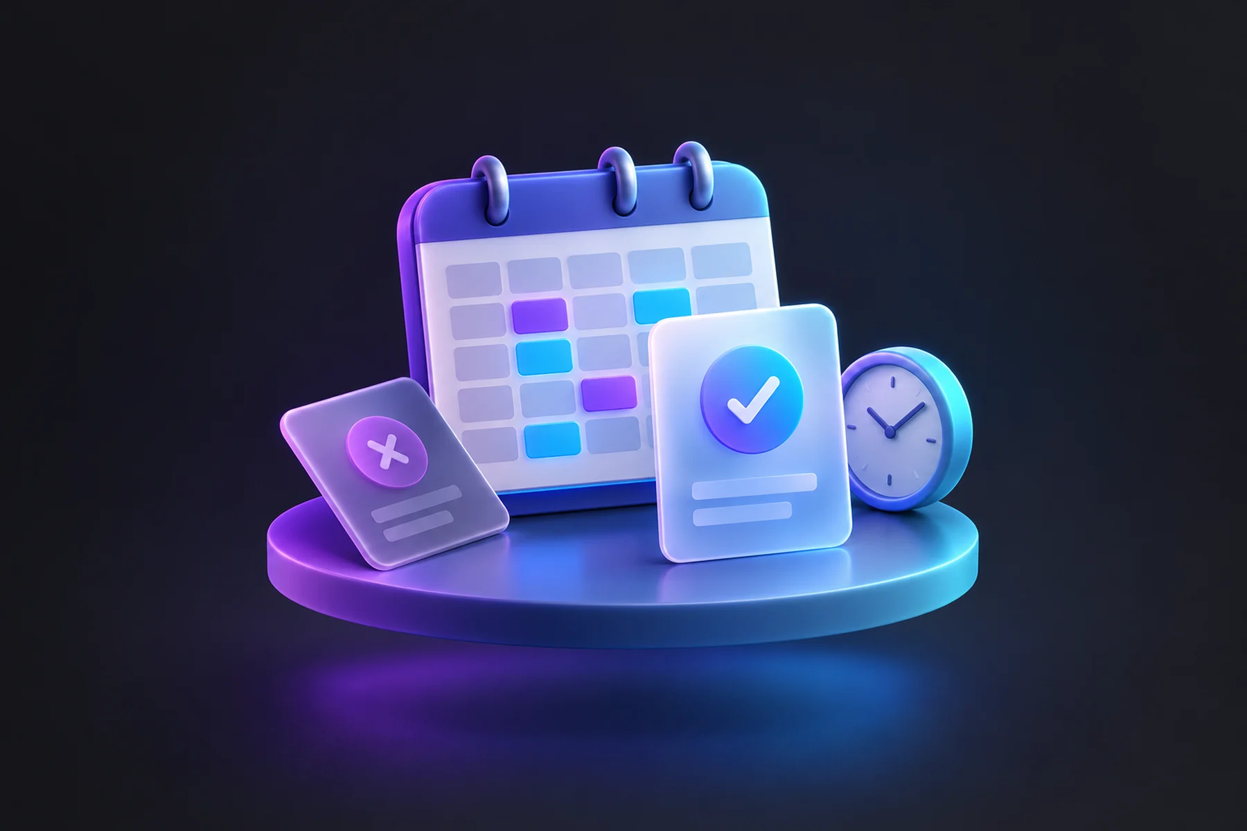 Illustration: A calendar grid with highlighted time slots, a booking card with a check, a canceled card tipped aside and a small clock.