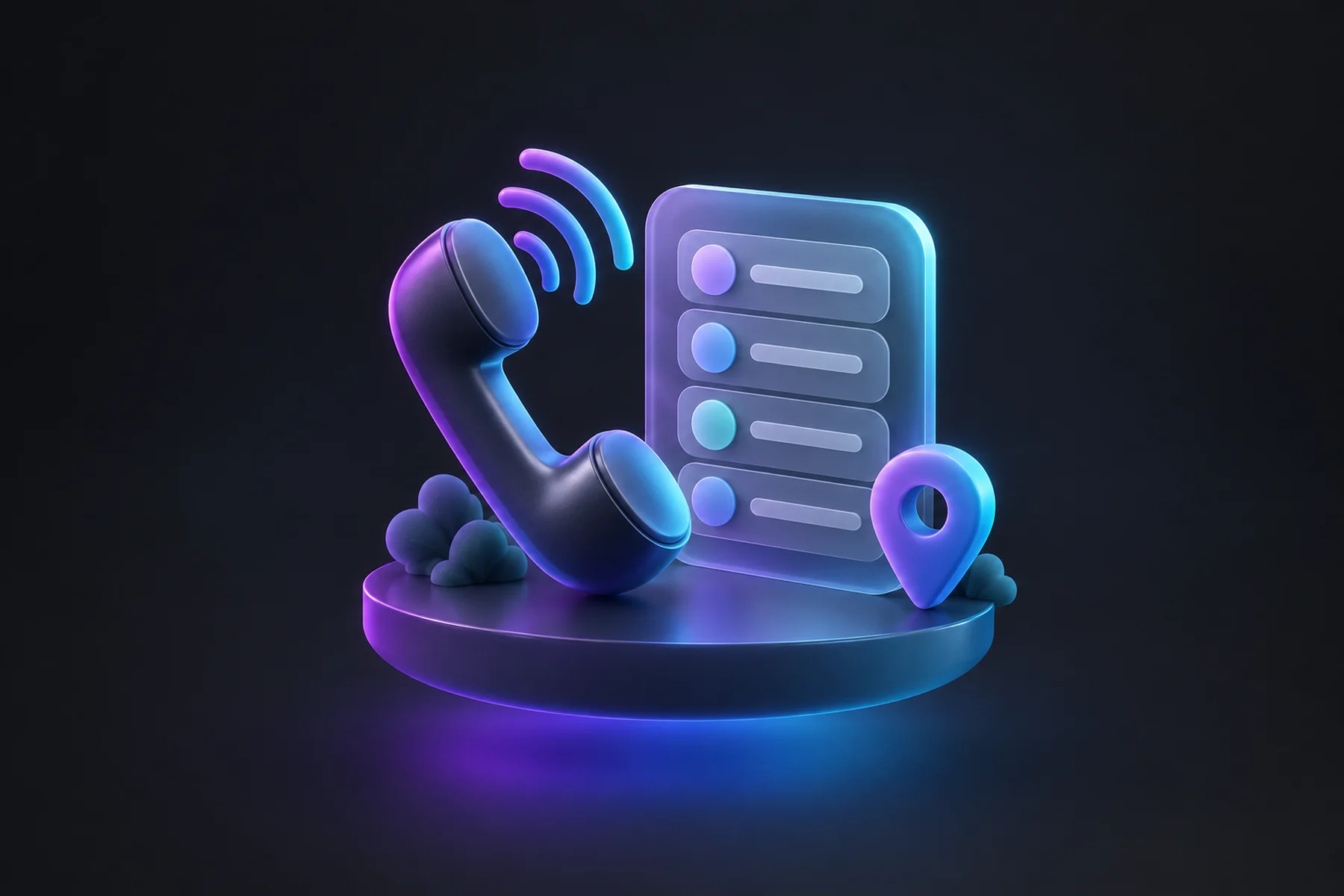 Illustration: A desk phone handset with a ringing signal, beside a list card of stacked rows and a small location pin.