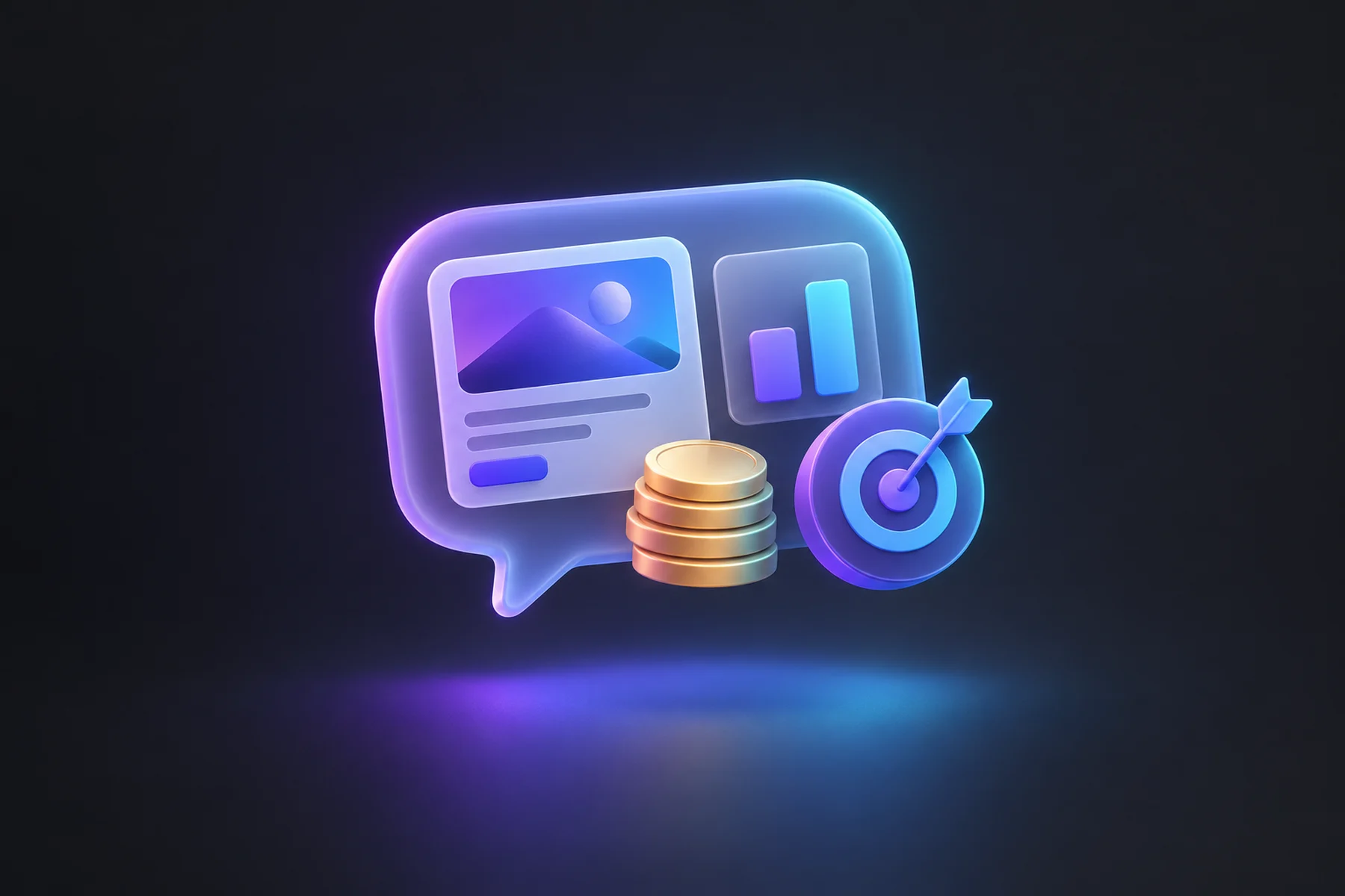 Illustration: A rounded chat bubble panel holding a small ad card and a two-bar chart, with a stack of coins and a target badge in front.