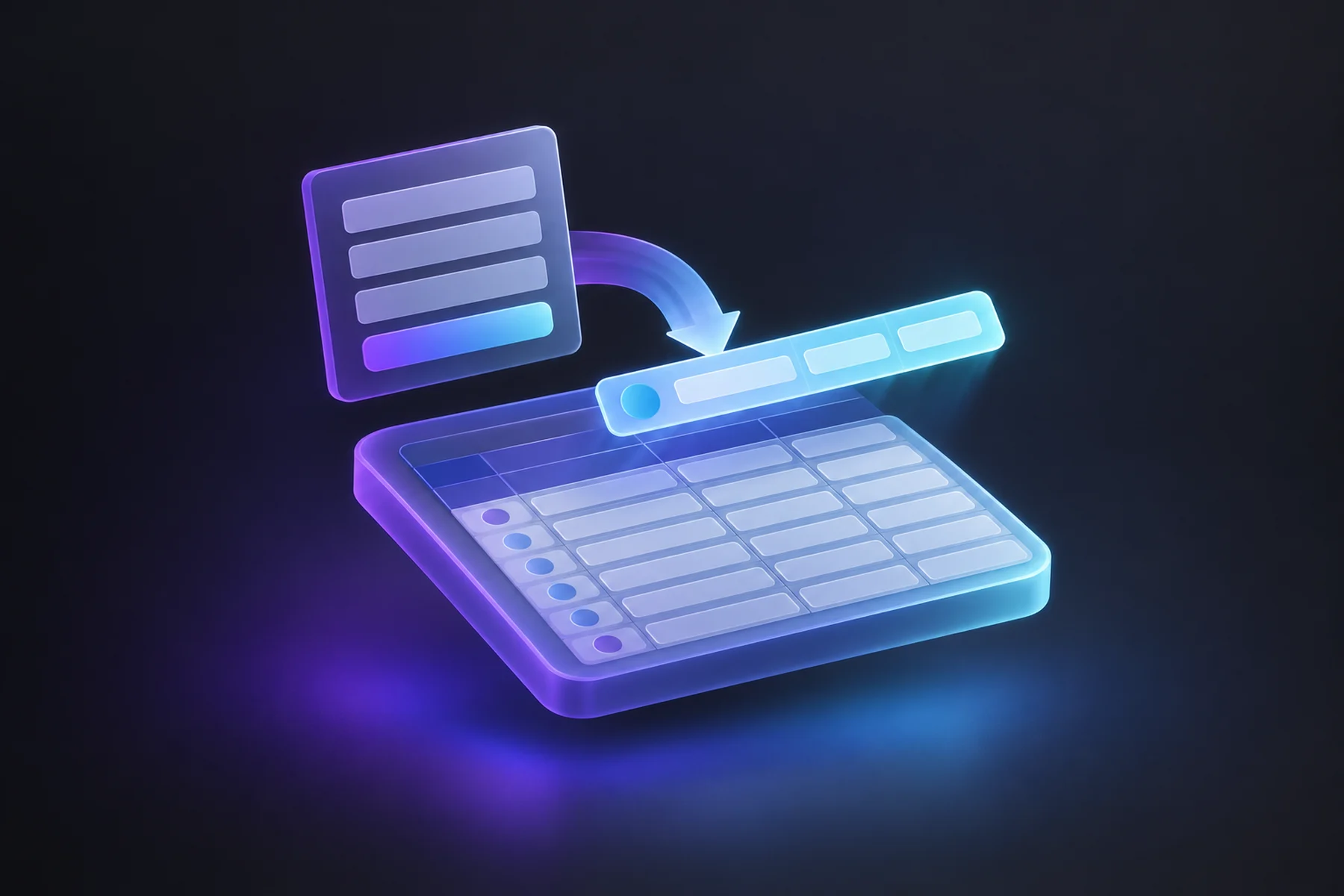Illustration: A form card feeding a row into a glossy spreadsheet grid, with one highlighted row lifting out.