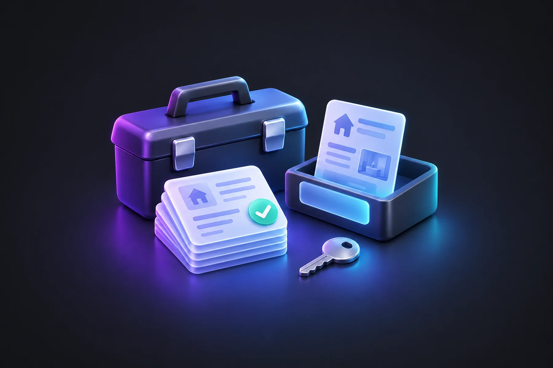 Illustration: A glossy toolbox beside a stack of estimate cards with an approval check, a job card in a tray and a small key.