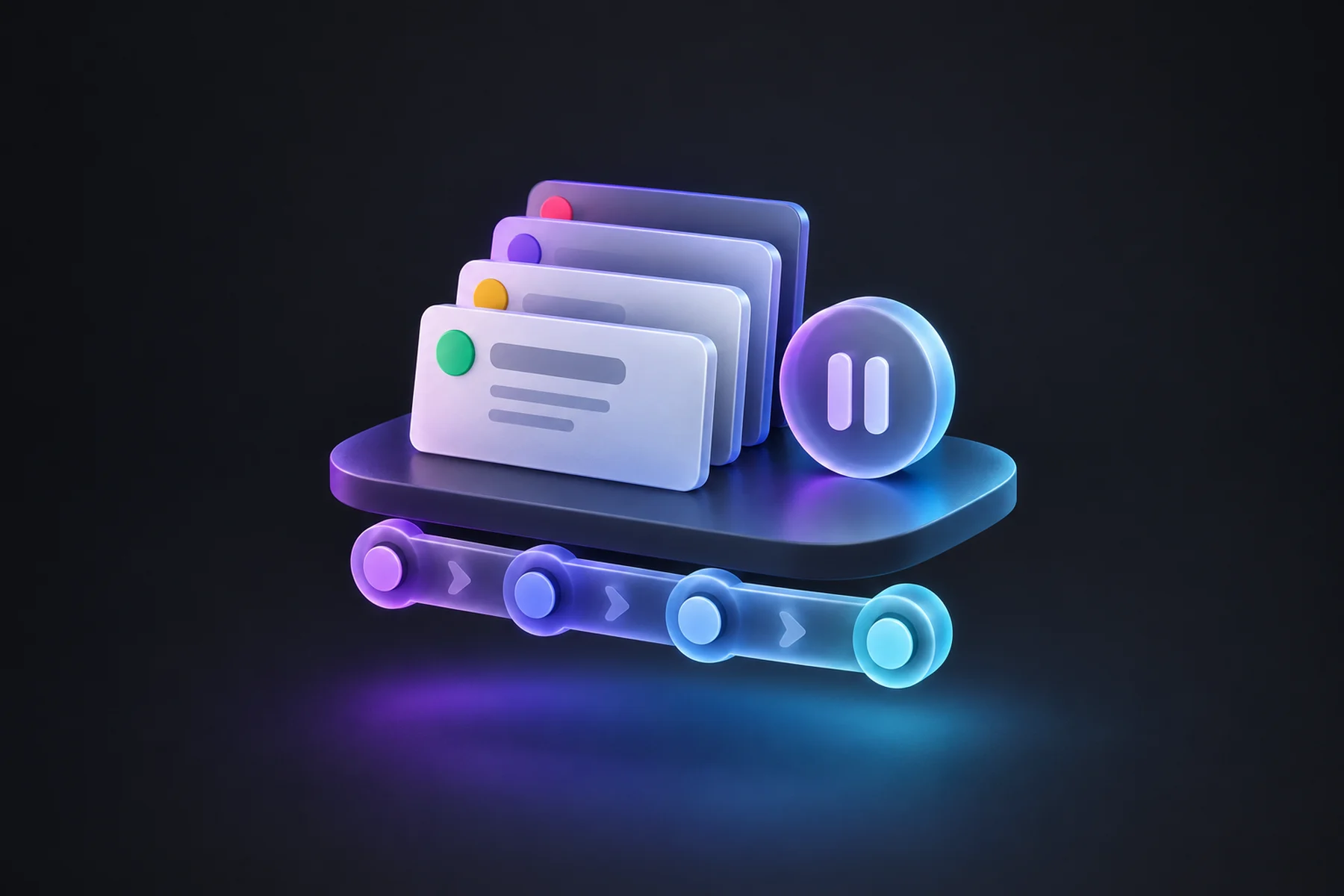 Illustration: A stack of opportunity cards with colored state markers, a round pause badge, and a pipeline track of linked dots beneath.