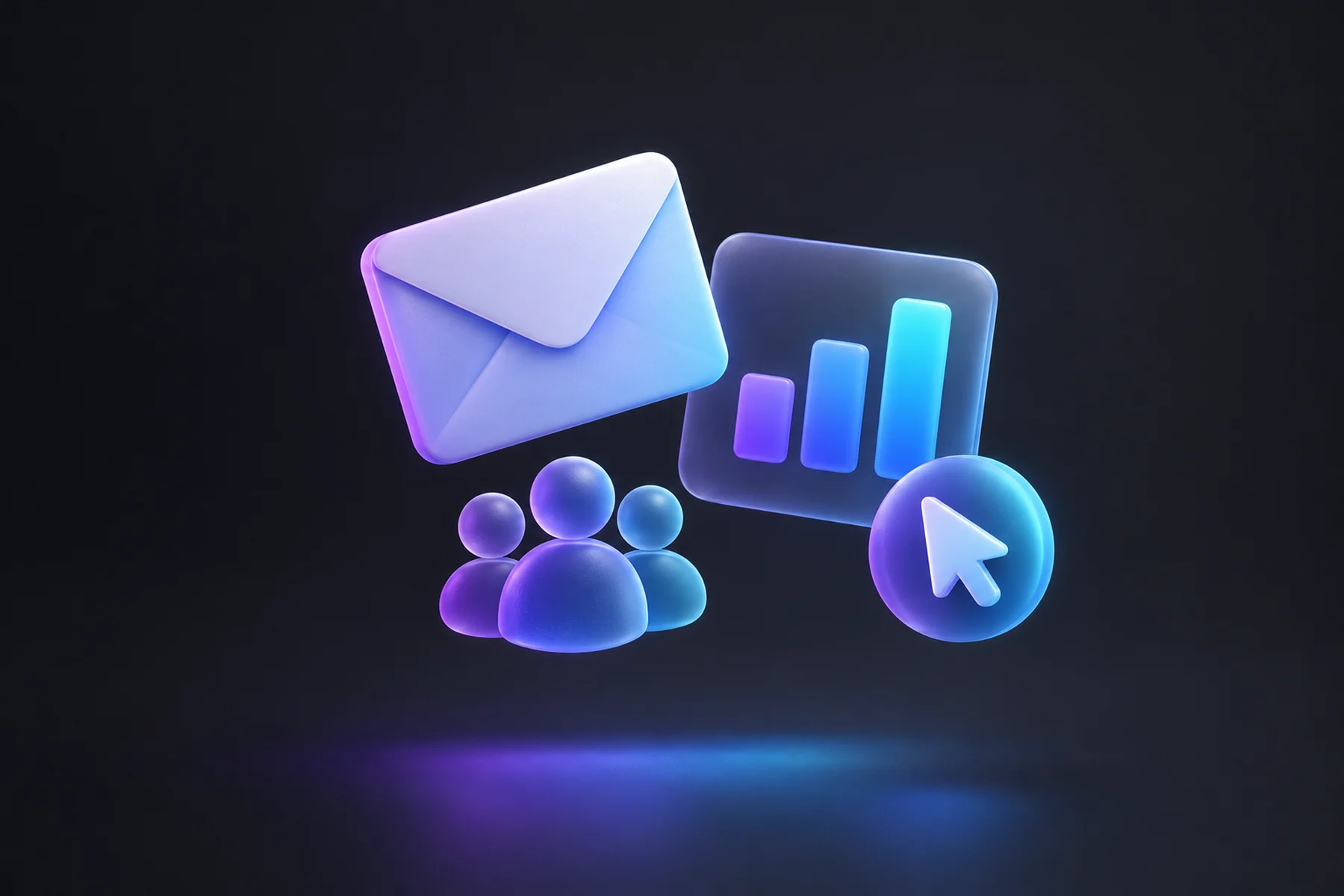 Illustration: A floating envelope card, a bar chart card with three rising bars, a cursor badge and a small cluster of audience figures.