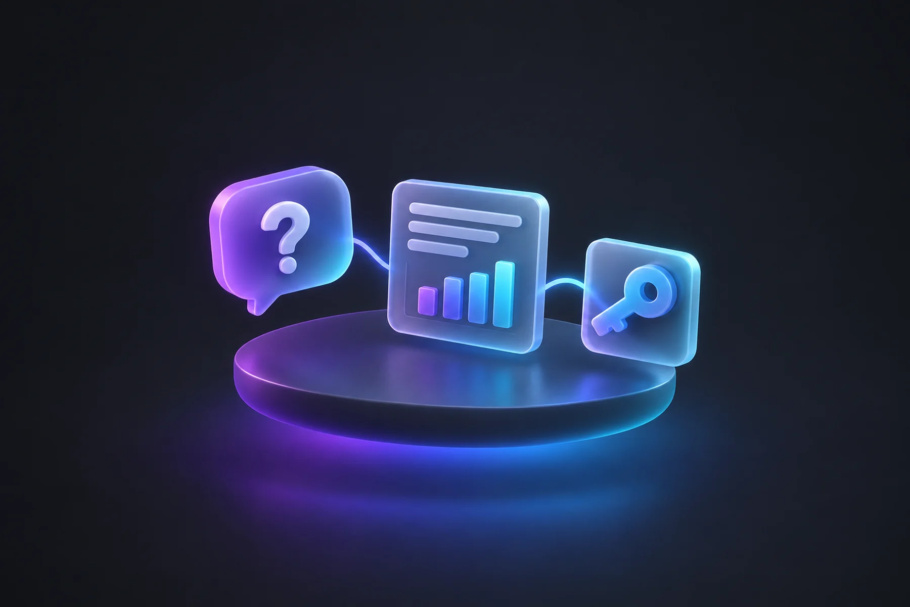 Illustration: A question bubble, an answer card with a small bar chart and a key card on a round platform, linked by a soft glowing line.