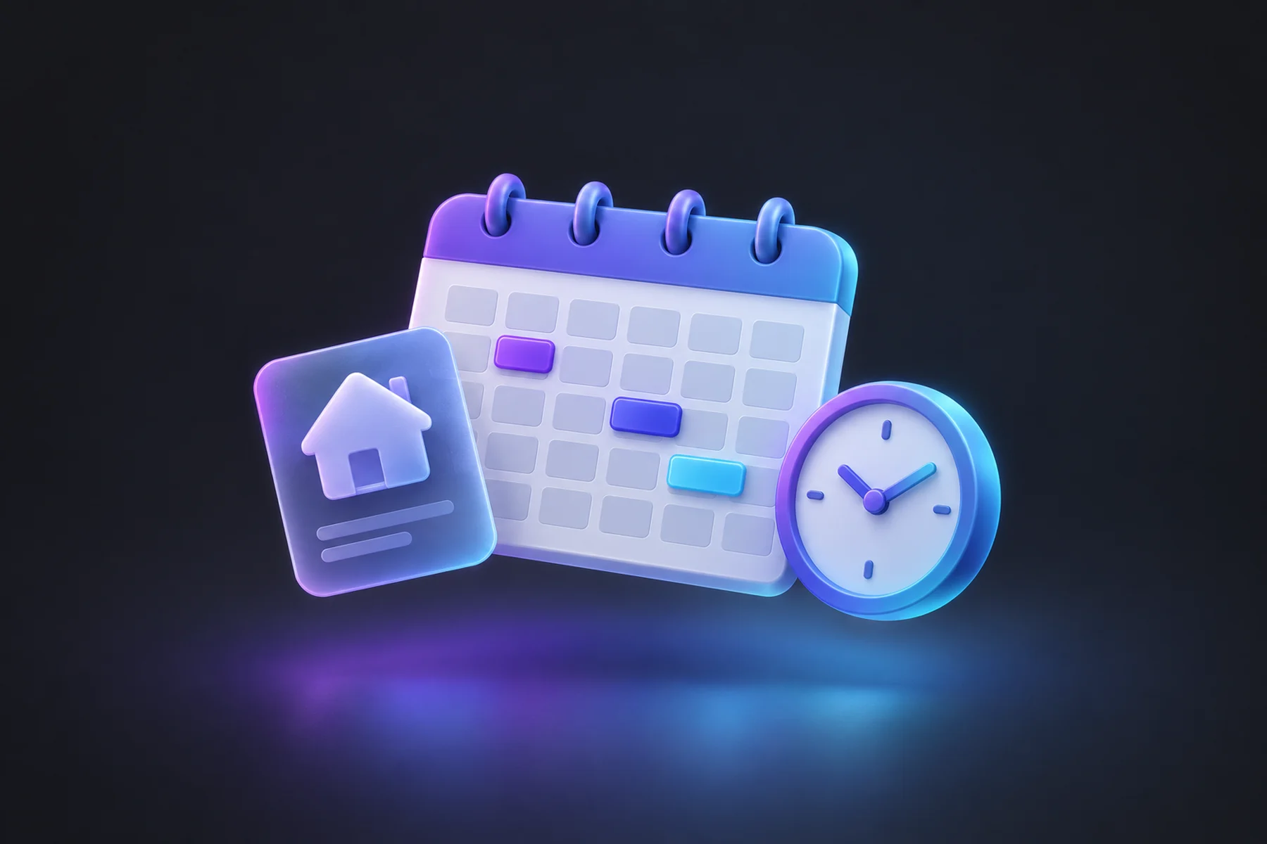 Illustration: A calendar grid with a few highlighted appointment chips, a small house card for an estimate and a clock.