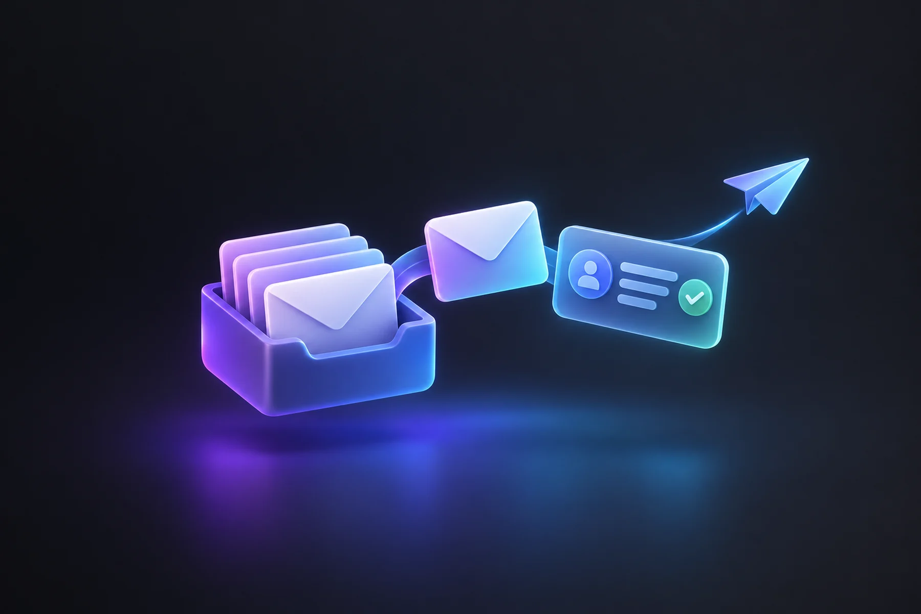 Illustration: A tray of envelope cards, one envelope turning into a lead card with a check, and a small paper plane leaving for a reply.