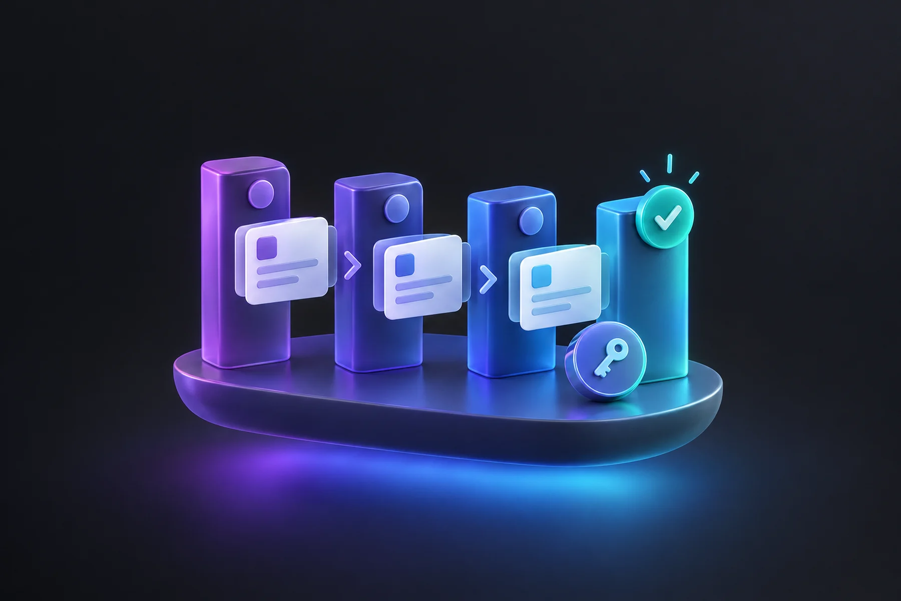 Illustration: A row of glossy stage columns with deal cards moving between them, a won checkmark badge and a small key token.