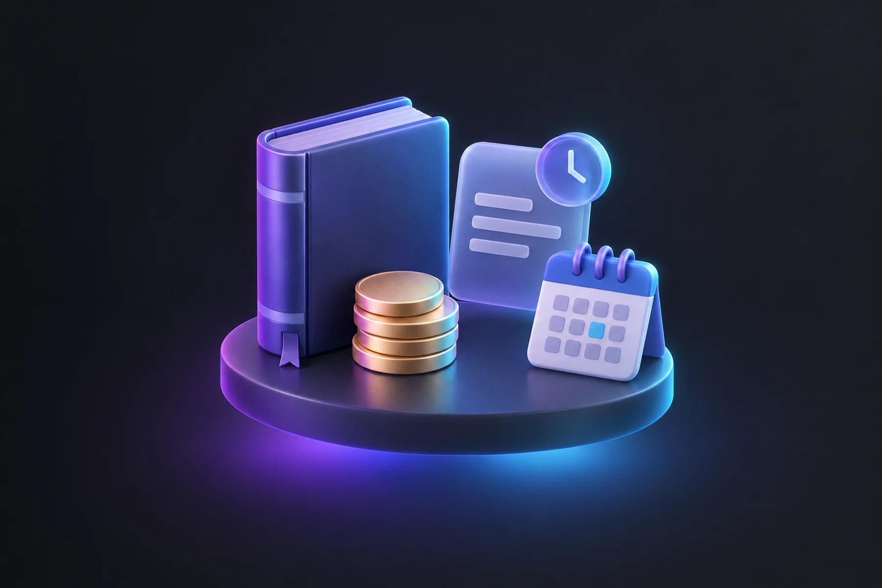 Illustration: A glossy ledger book, a short stack of coins, an invoice card with a small clock badge and a calendar tile on a round platform.