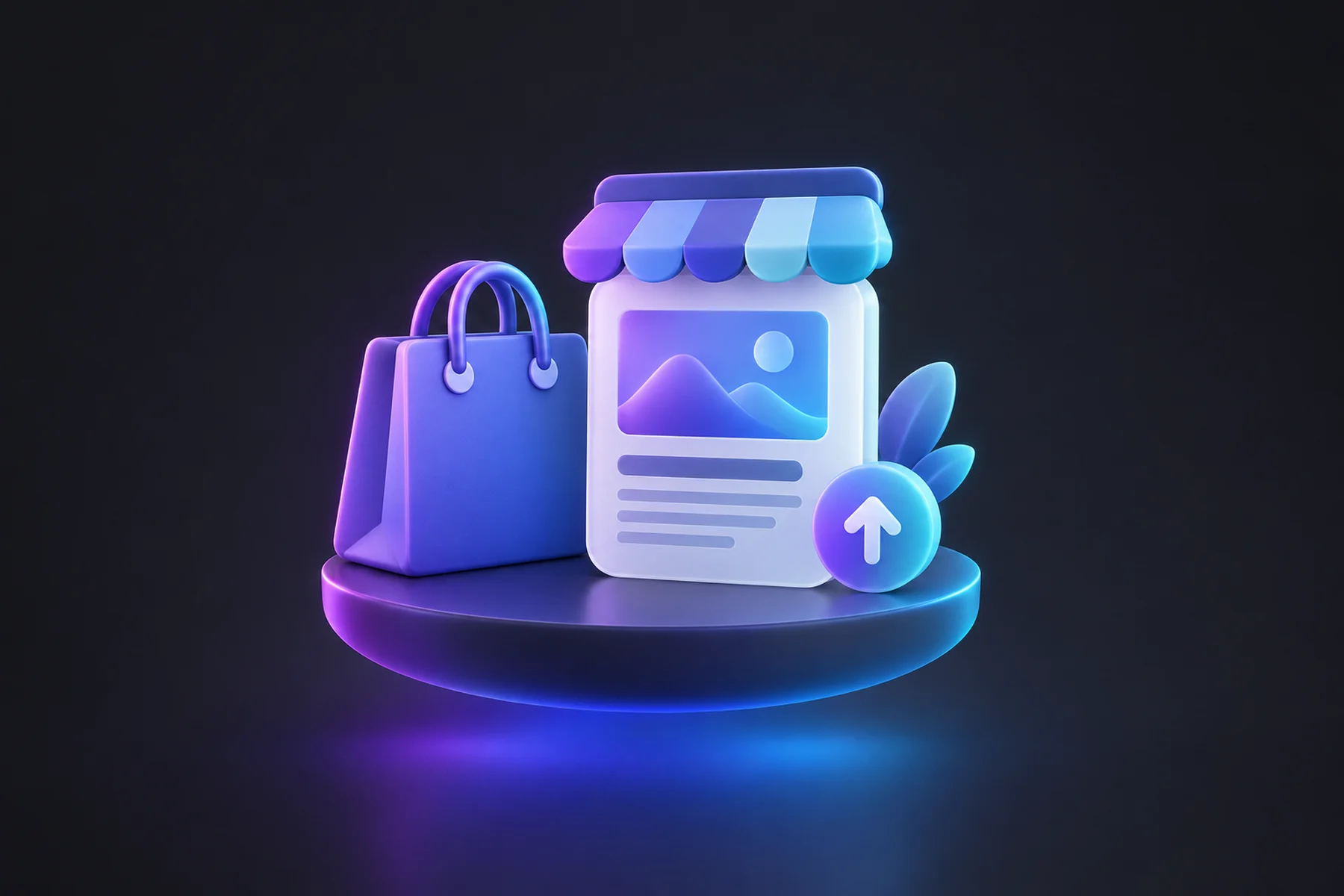 Illustration: A glossy shopping bag beside a storefront card holding a blog article with an image tile, and a small round publish arrow badge.