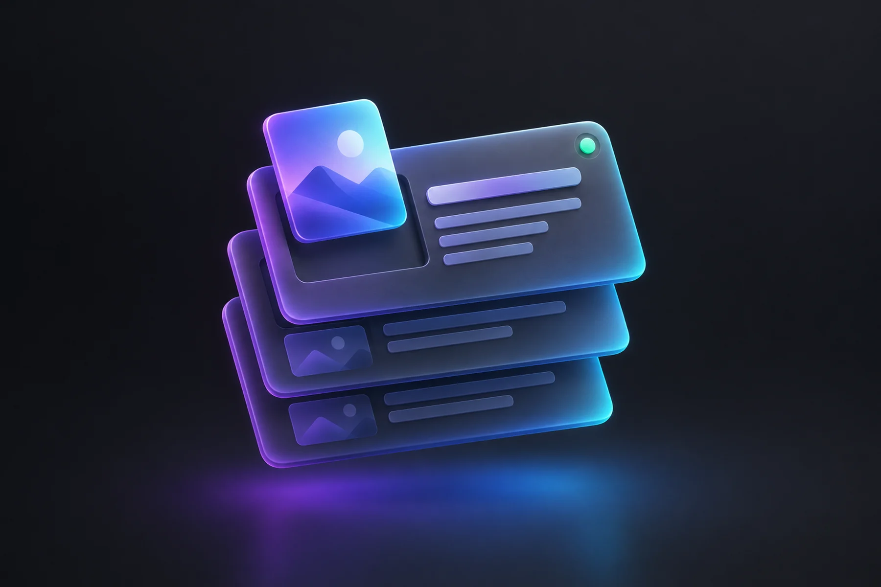 Illustration: A stack of rounded collection item cards with text lines, an image tile sliding into the top card, and a small live status dot.