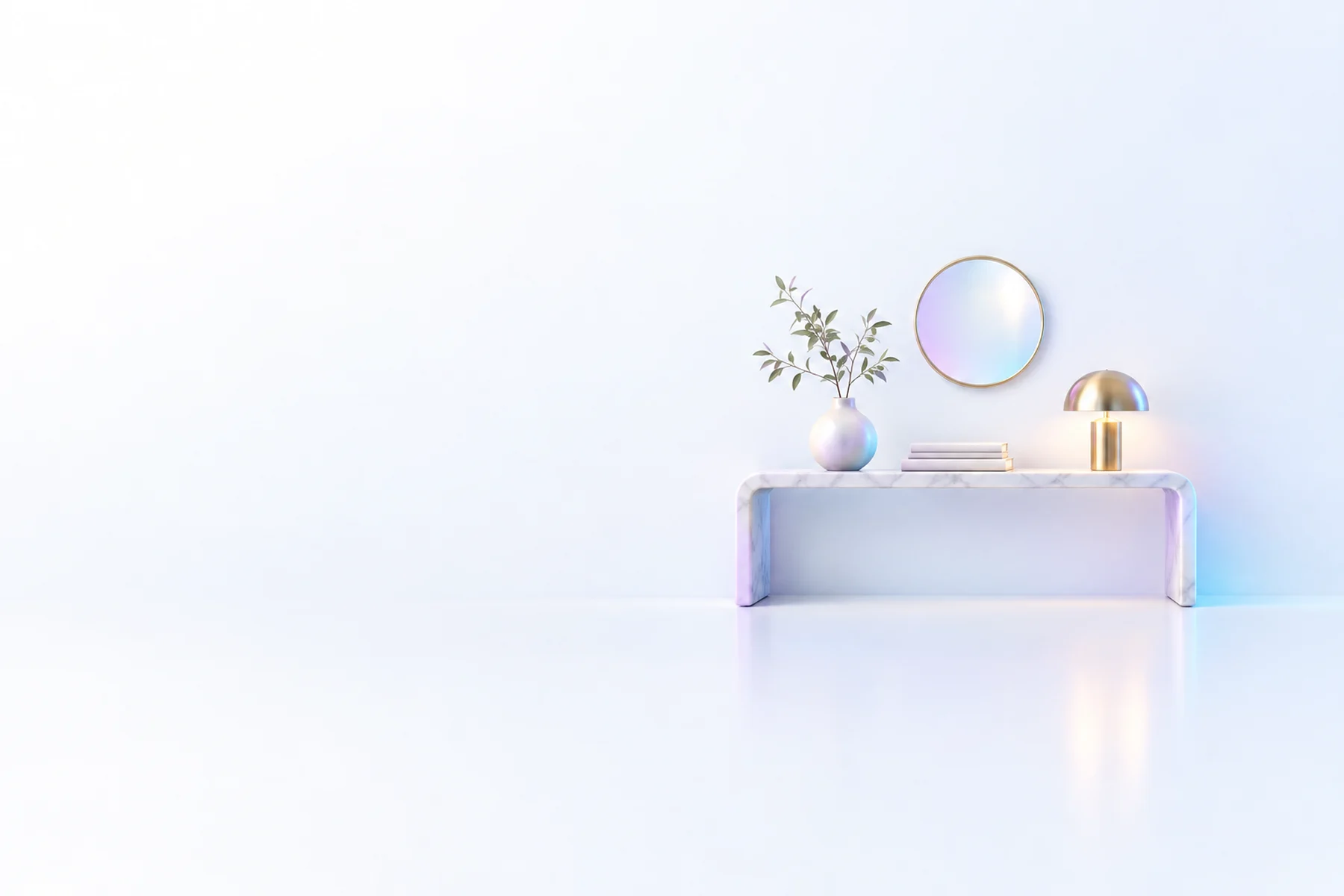 Illustration: a marble console table with a vase of branches and a stack of books, a round wall mirror and a brass table lamp.