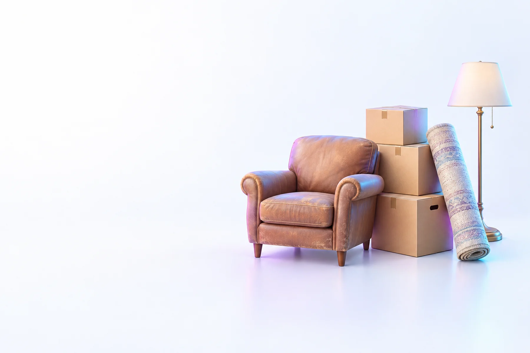 Illustration: a worn leather armchair, a stack of cardboard boxes, a rolled rug and a floor lamp.