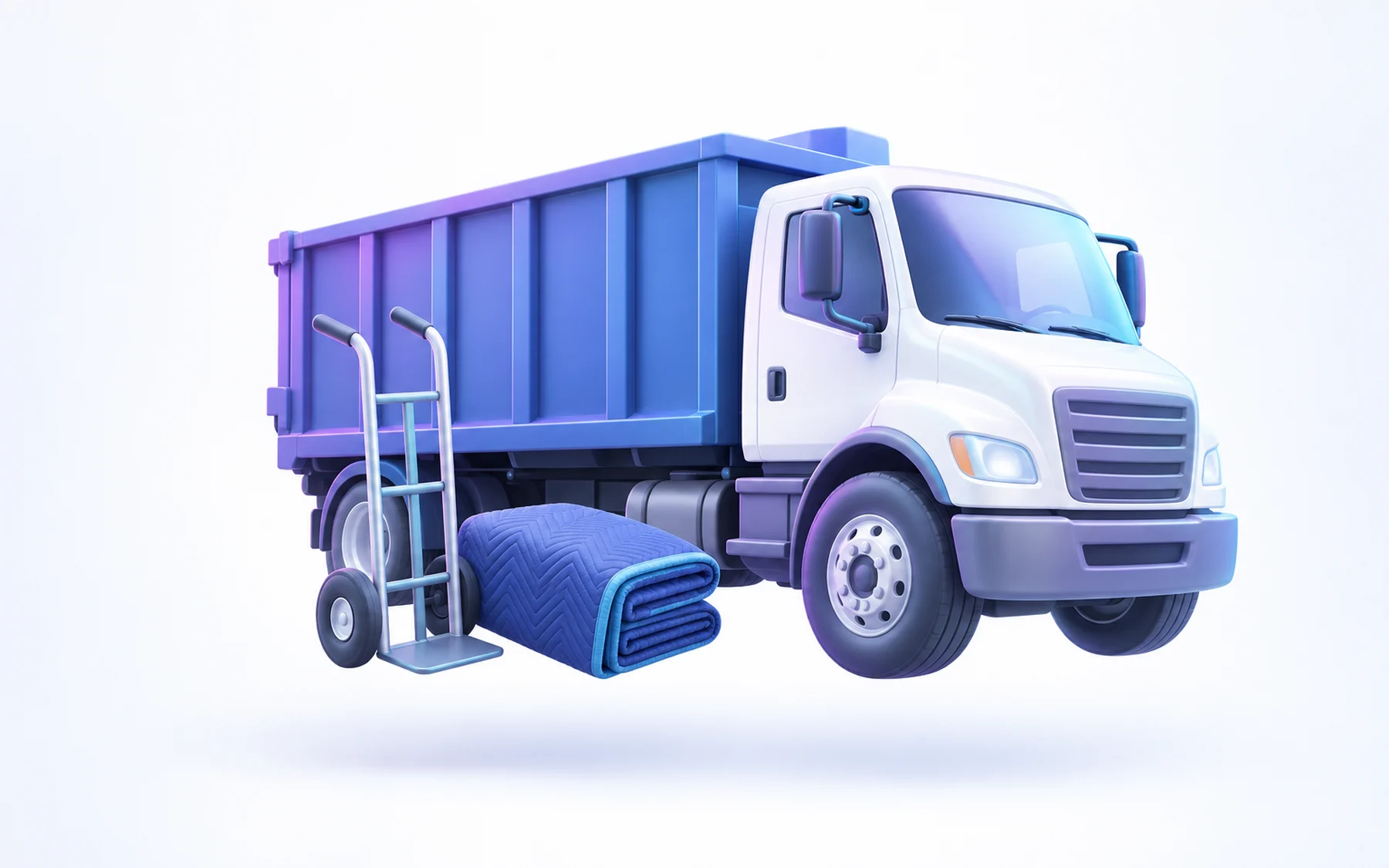 Illustration: a hauling truck with a high-sided dump bed, a hand truck and a folded moving blanket.