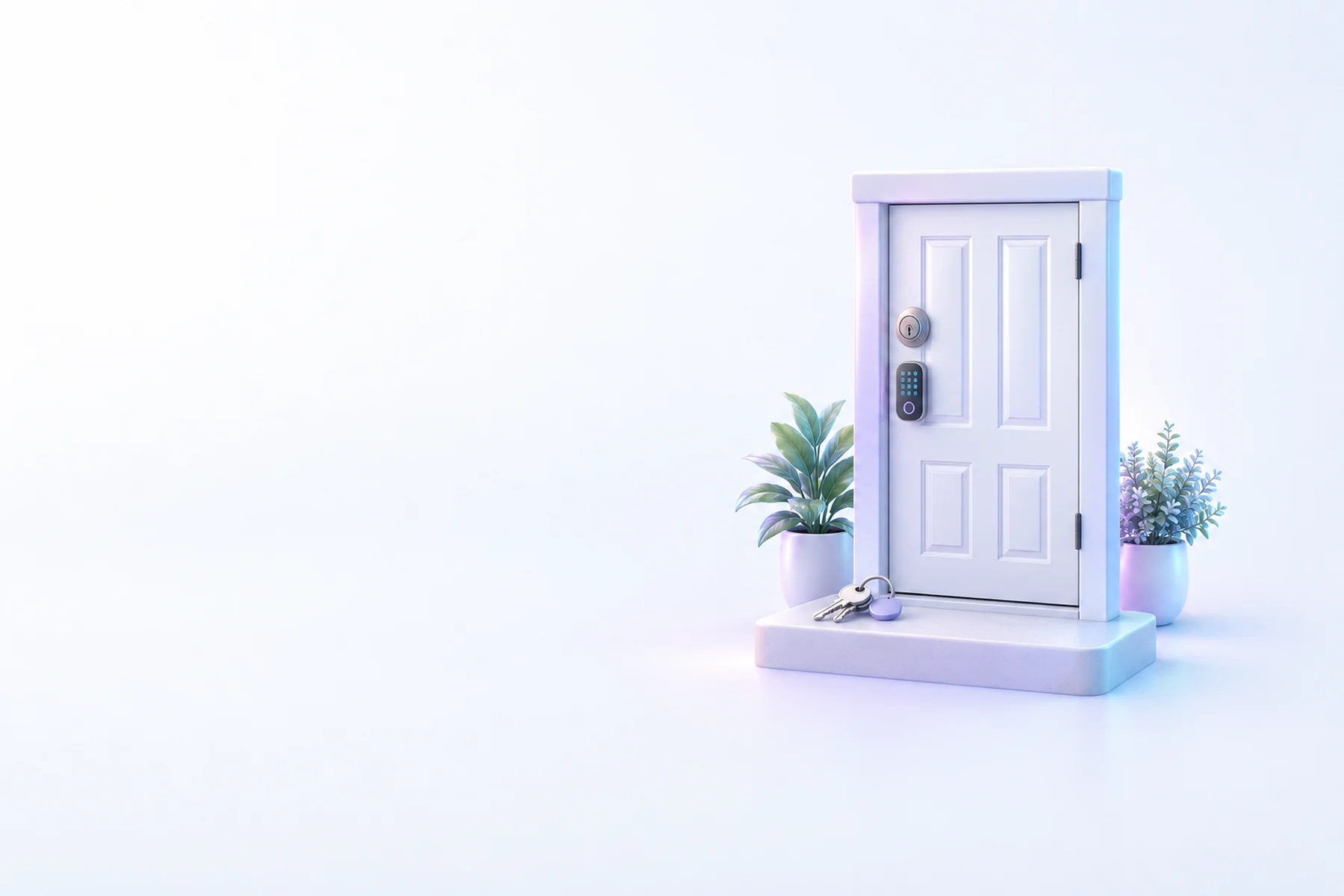 Illustration: a front door with a deadbolt and a keypad lock, a key ring resting on the step.