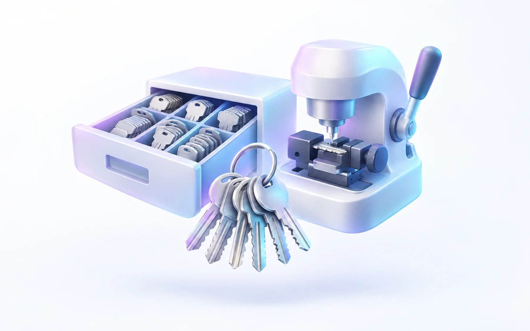 Illustration: a drawer of key blanks beside a key cutting machine and a ring of keys.
