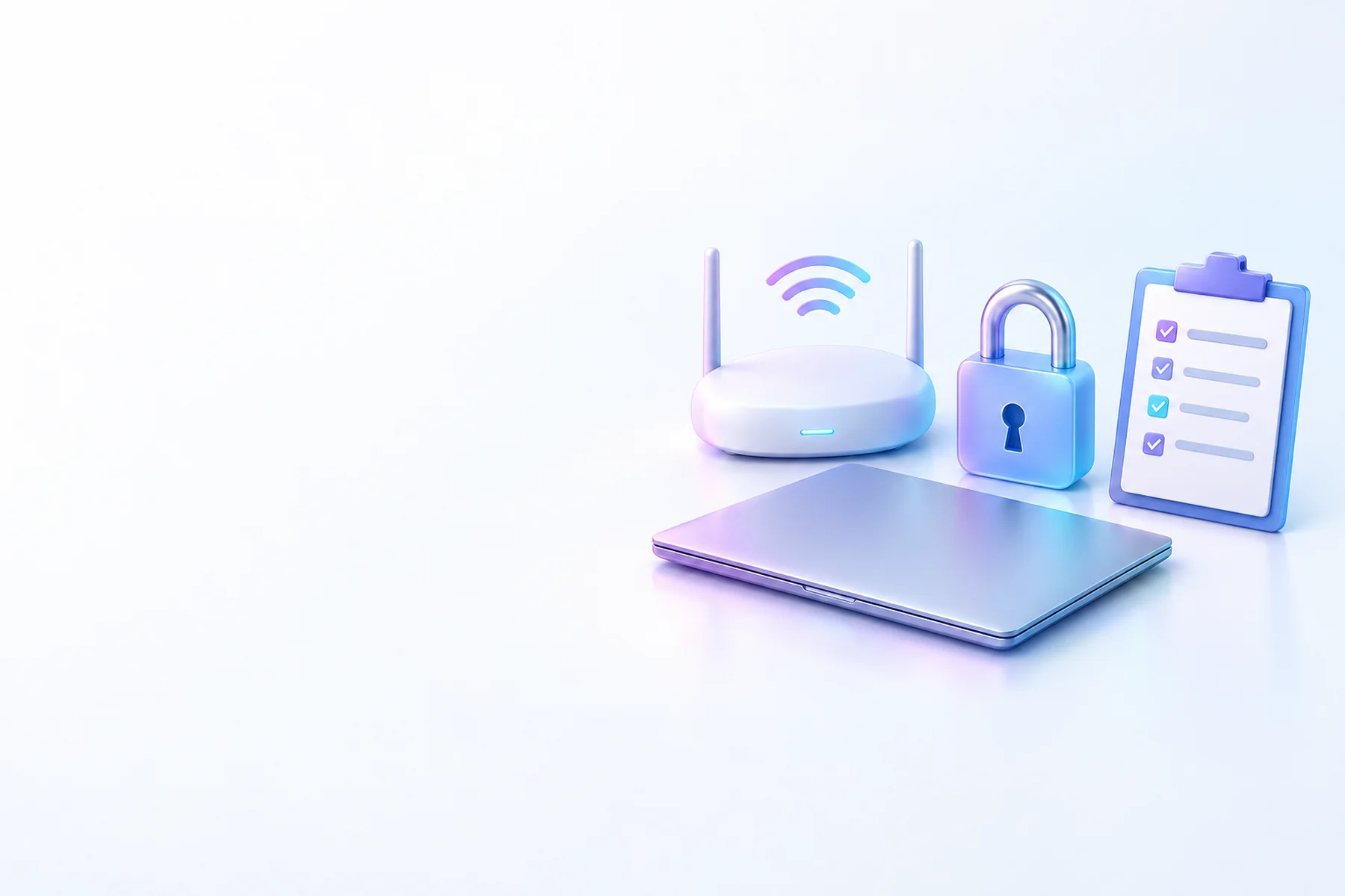 Illustration: a wireless access point, a padlock, a checklist on a clipboard and a closed laptop.
