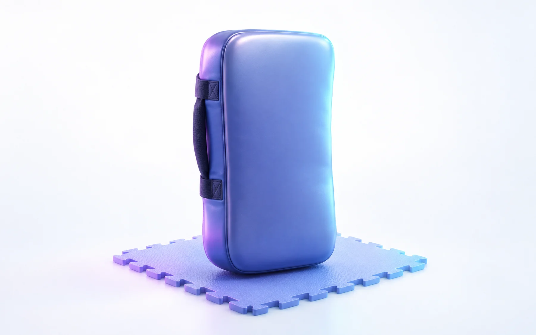 Illustration: a padded kick shield standing upright on a square interlocking foam floor mat.