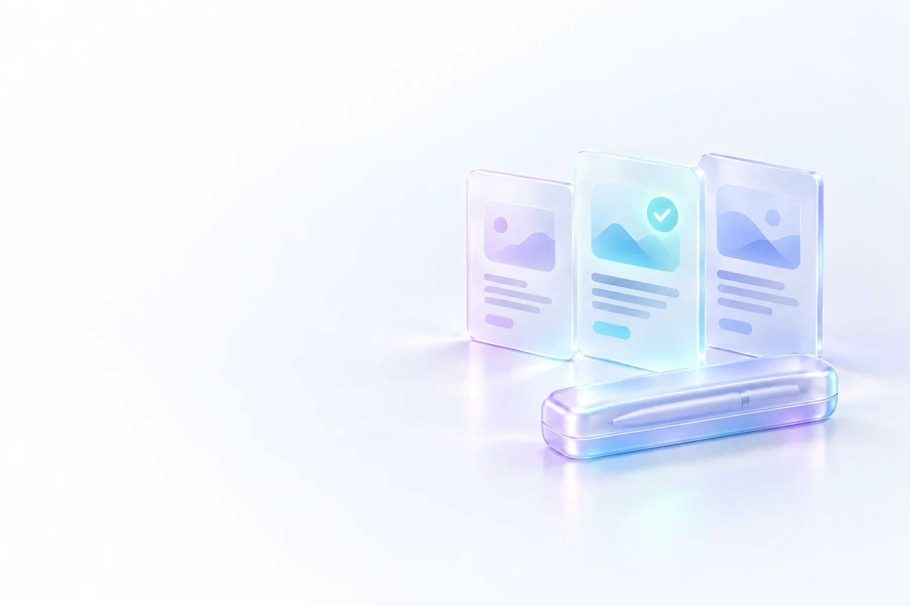 Illustration: three frosted glass cards standing on a tray, the middle one marked with a check.
