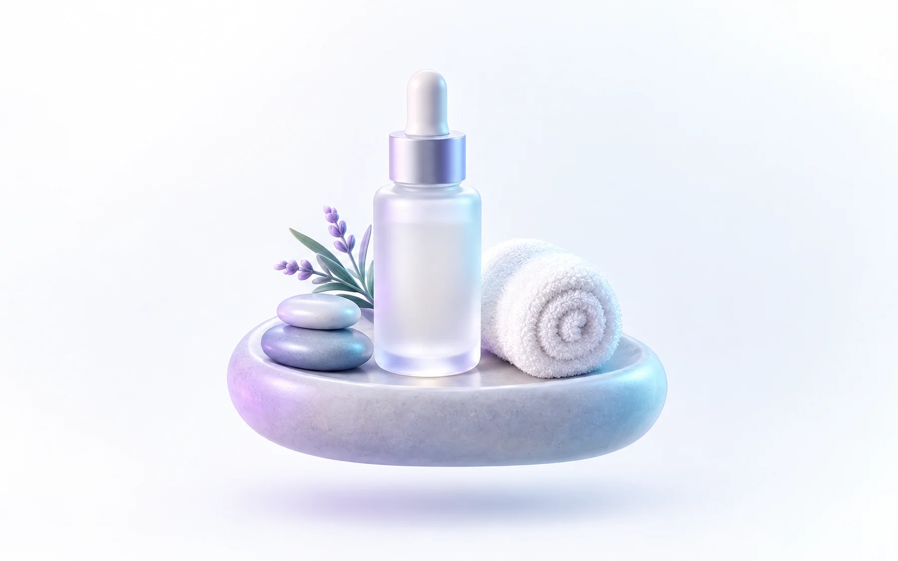 Illustration: a serum bottle, spa stones and a rolled towel on a stone tray.
