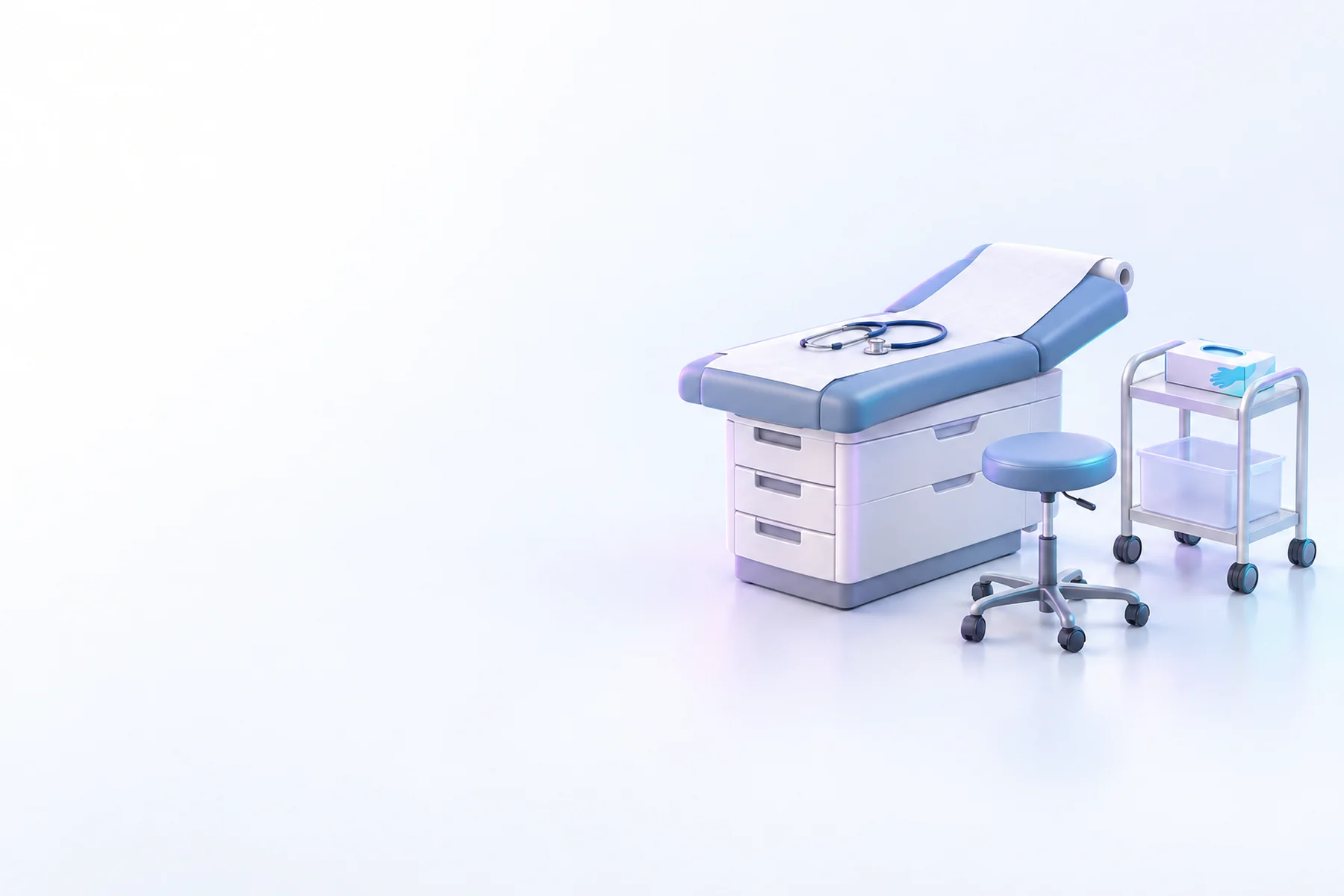 Illustration: an exam table with its paper roll and a stethoscope resting on it, beside a rolling stool and a small cart with a box of gloves.