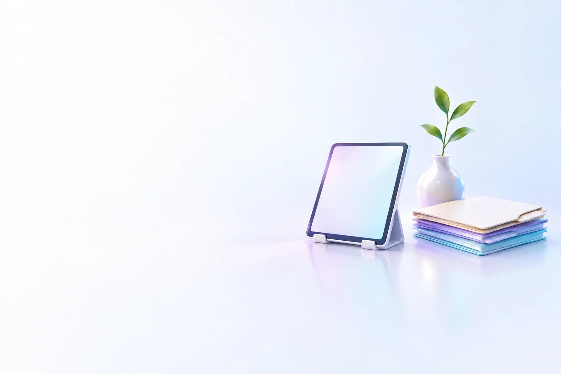 Illustration: a tablet on a small stand beside a stack of folders and a vase with a single green stem.