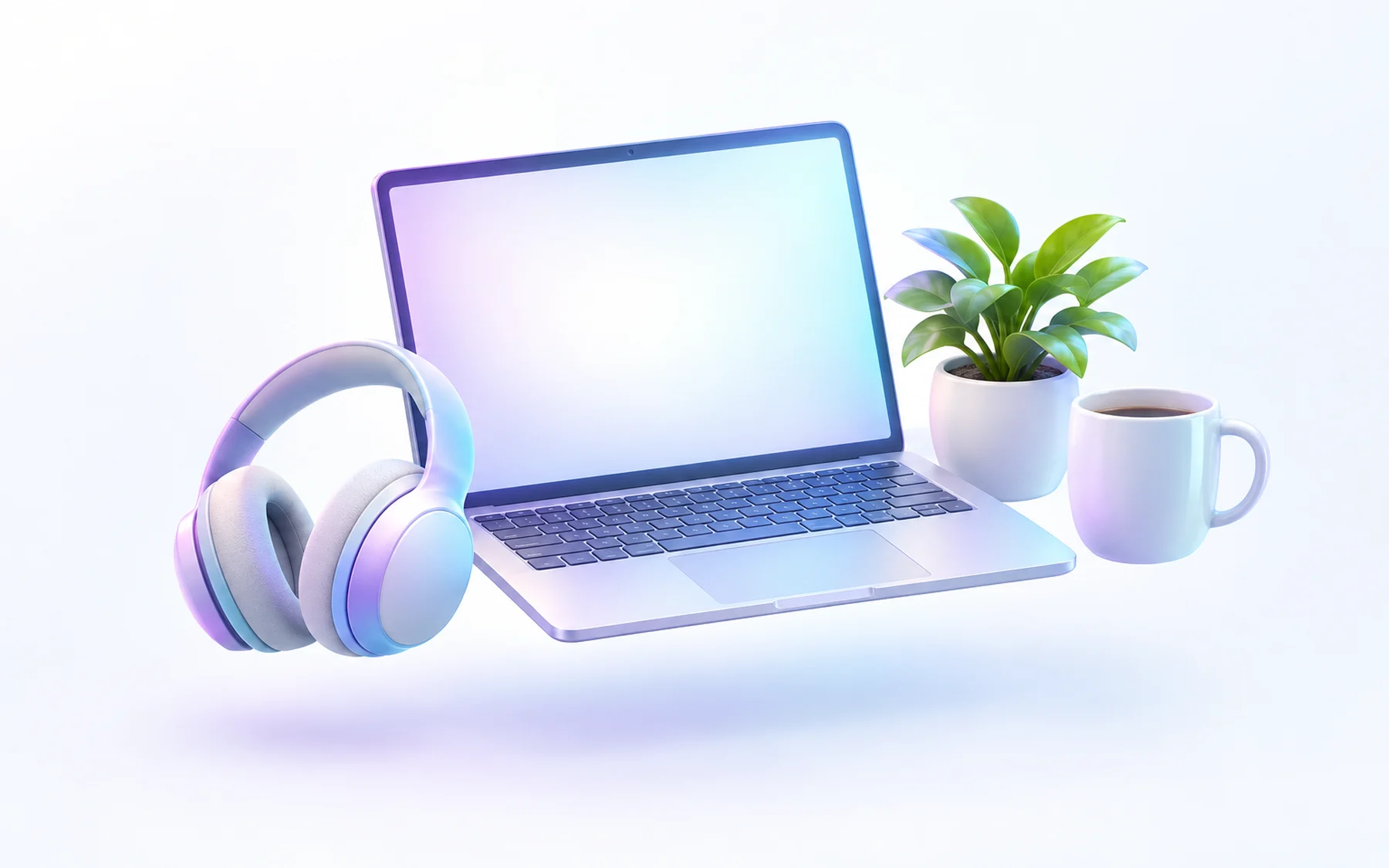 Illustration: an open laptop with a softly glowing screen, a pair of headphones, a potted plant and a mug.