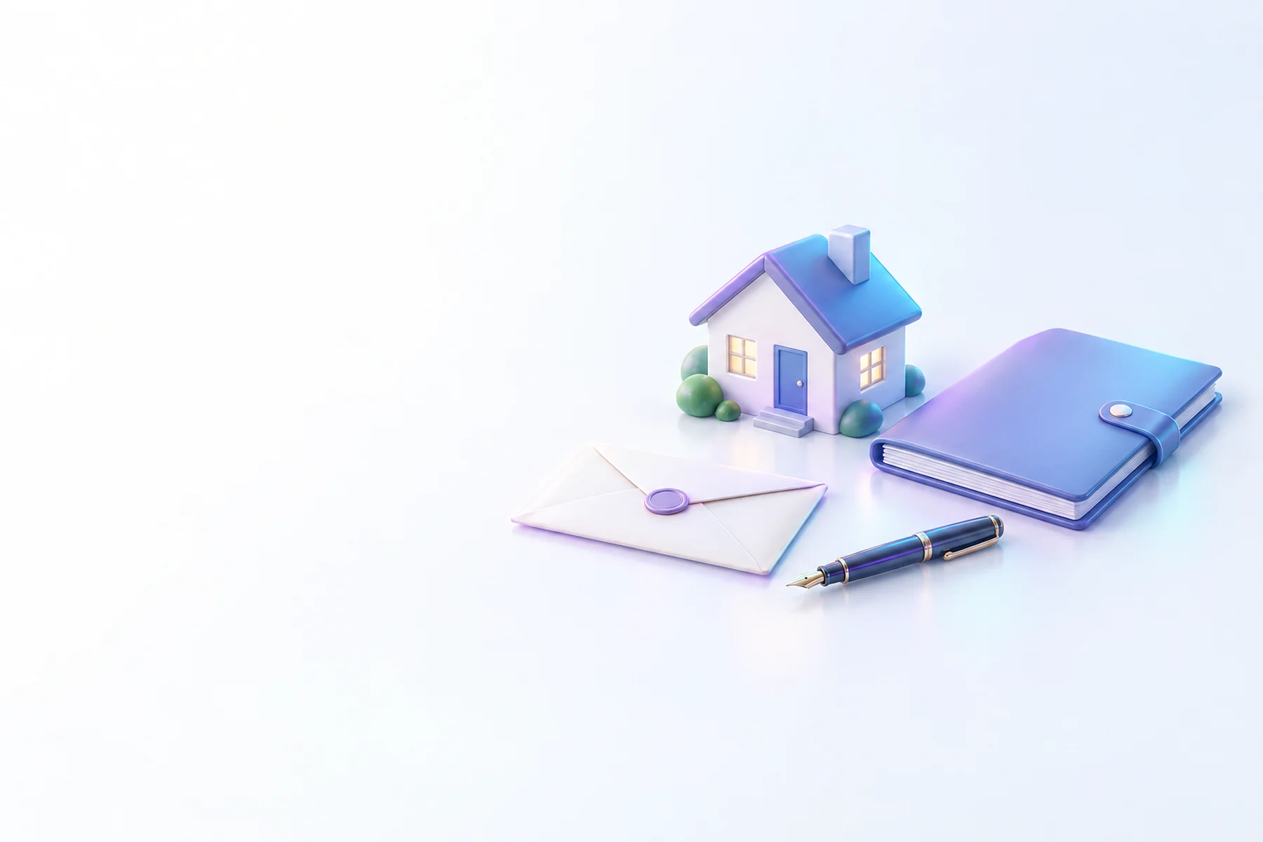 Illustration: a small house, a sealed envelope, a fountain pen and a closed folder.