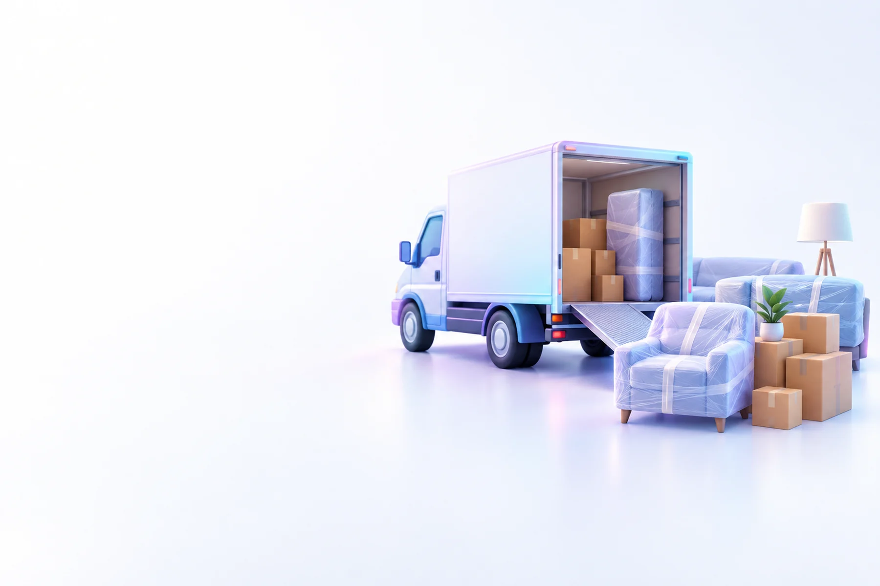 Illustration: a moving truck with its ramp down beside wrapped furniture and stacked boxes.