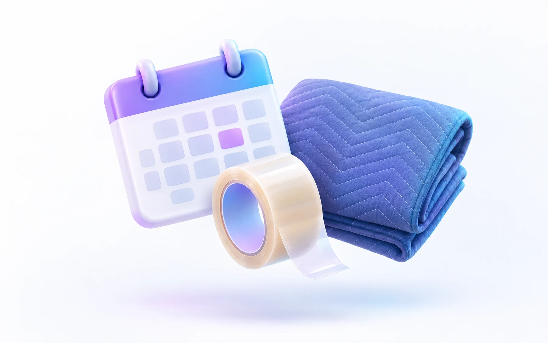 Illustration: a calendar, a roll of packing tape and a folded moving blanket.