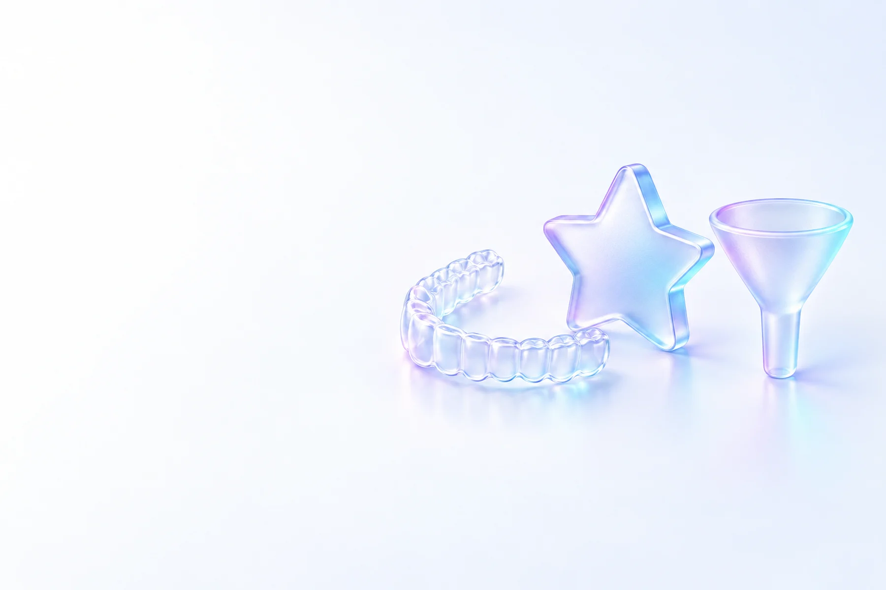 Illustration: a clear aligner tray beside a glass star and a glass funnel.