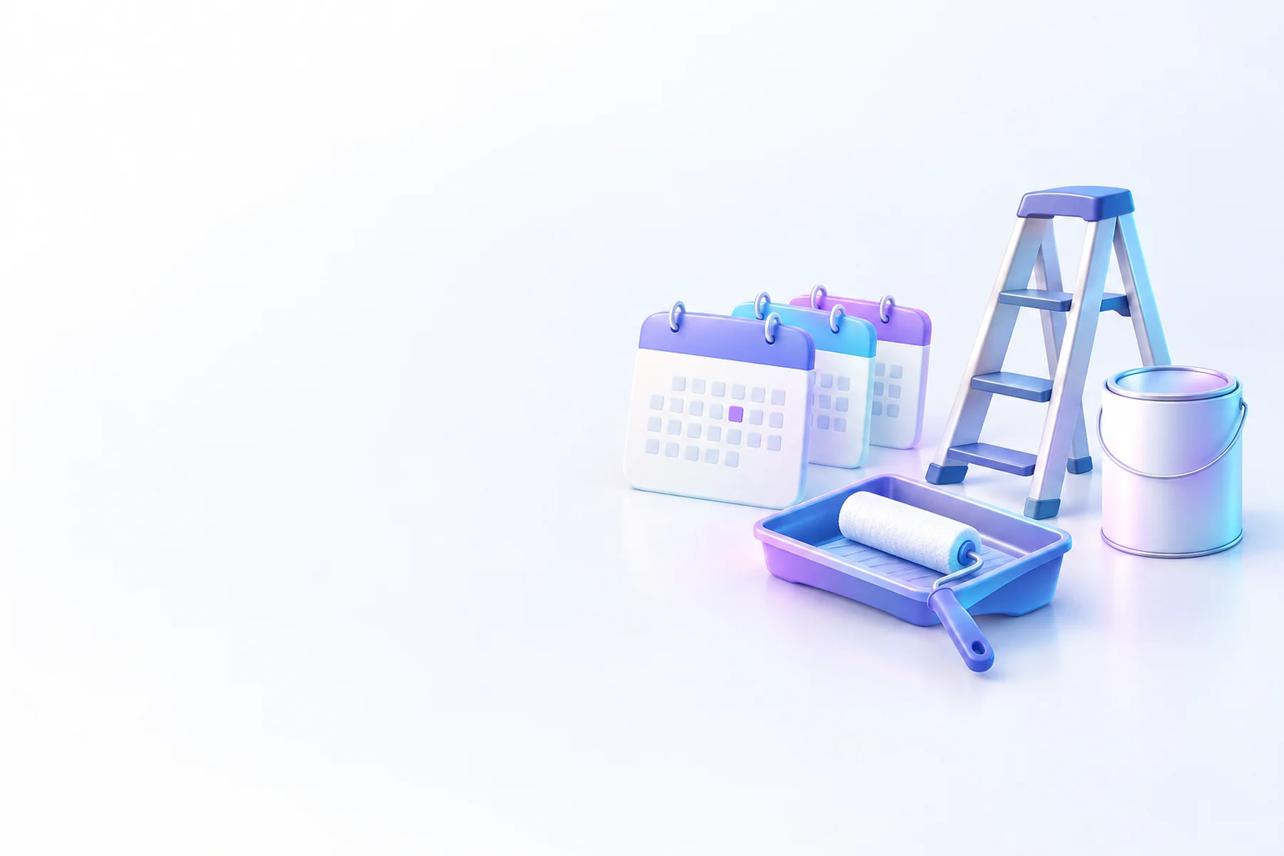 Illustration: calendar tiles beside a paint tray with a roller, a step ladder and a paint can.