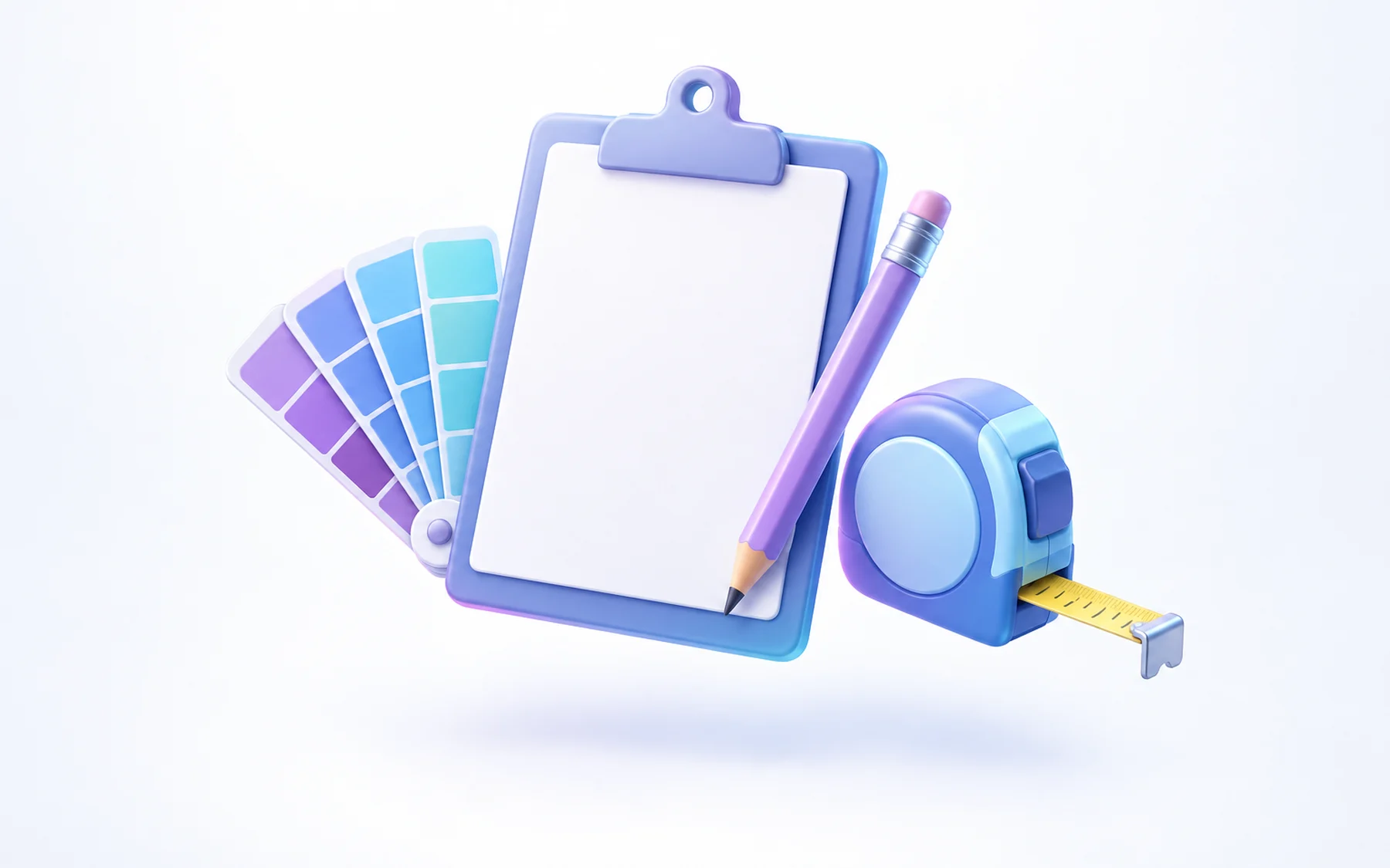 Illustration: a blank clipboard with a pencil, a fan of color swatches and a tape measure.