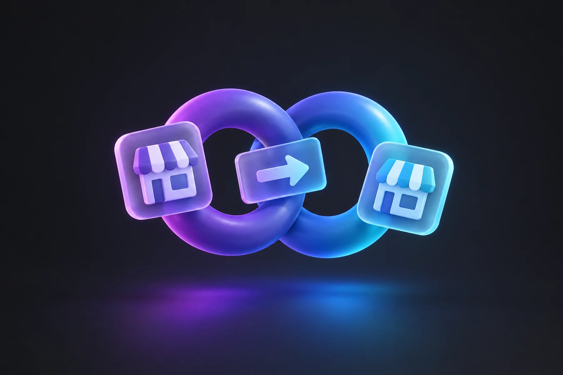 Illustration: Two interlocking rings with a storefront tile on each side and an arrow card passing between them.