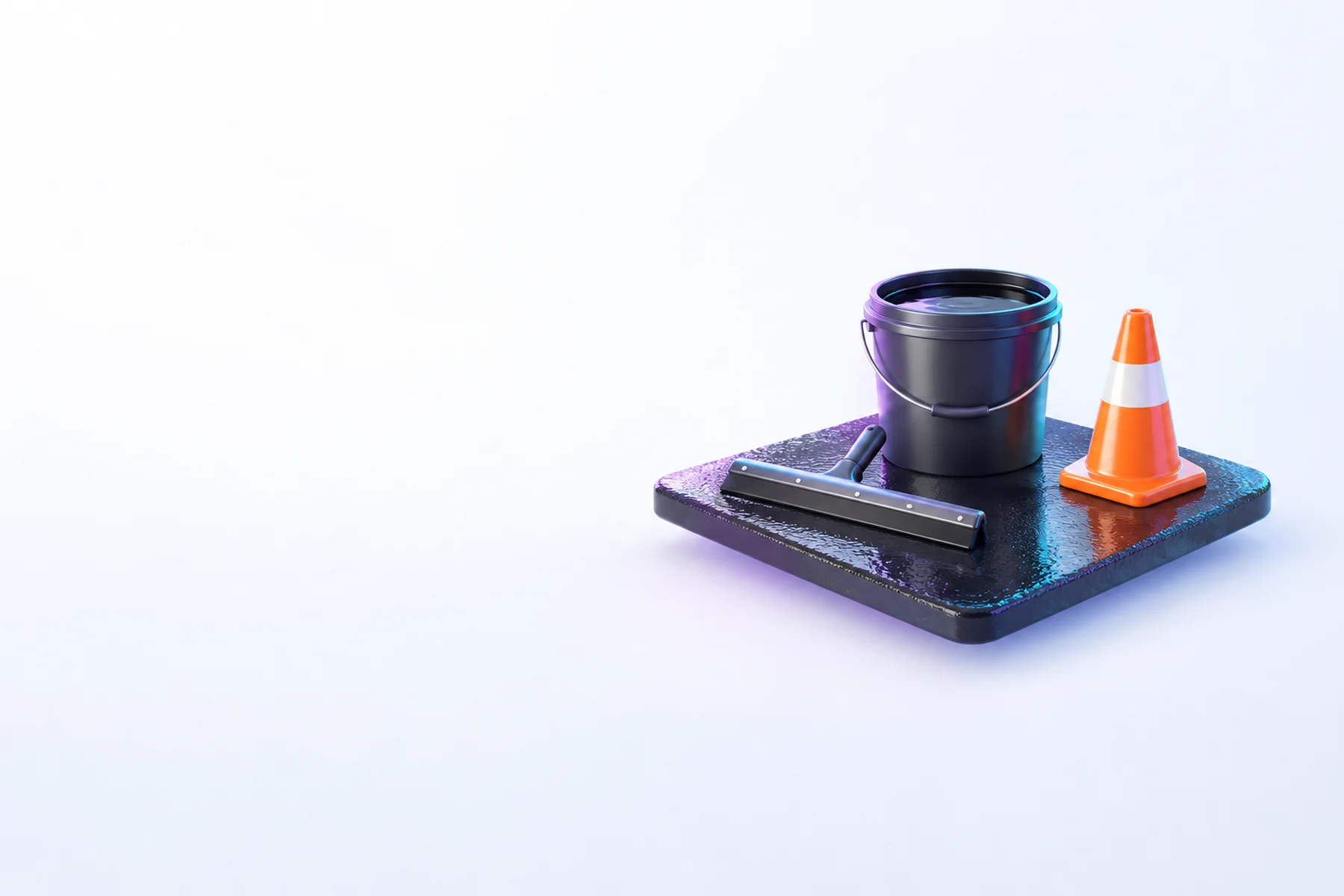 Illustration: a bucket of black sealer, a squeegee and an orange traffic cone on a slab of freshly sealed asphalt.